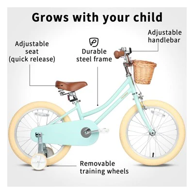 Petimini 18 Inch Steel Frame Child Bicycle with Kickstand, Wicket Basket, Handlebar Bell, Training Wheels, and Adjustable Seat, Ages 5 to 9, Mint