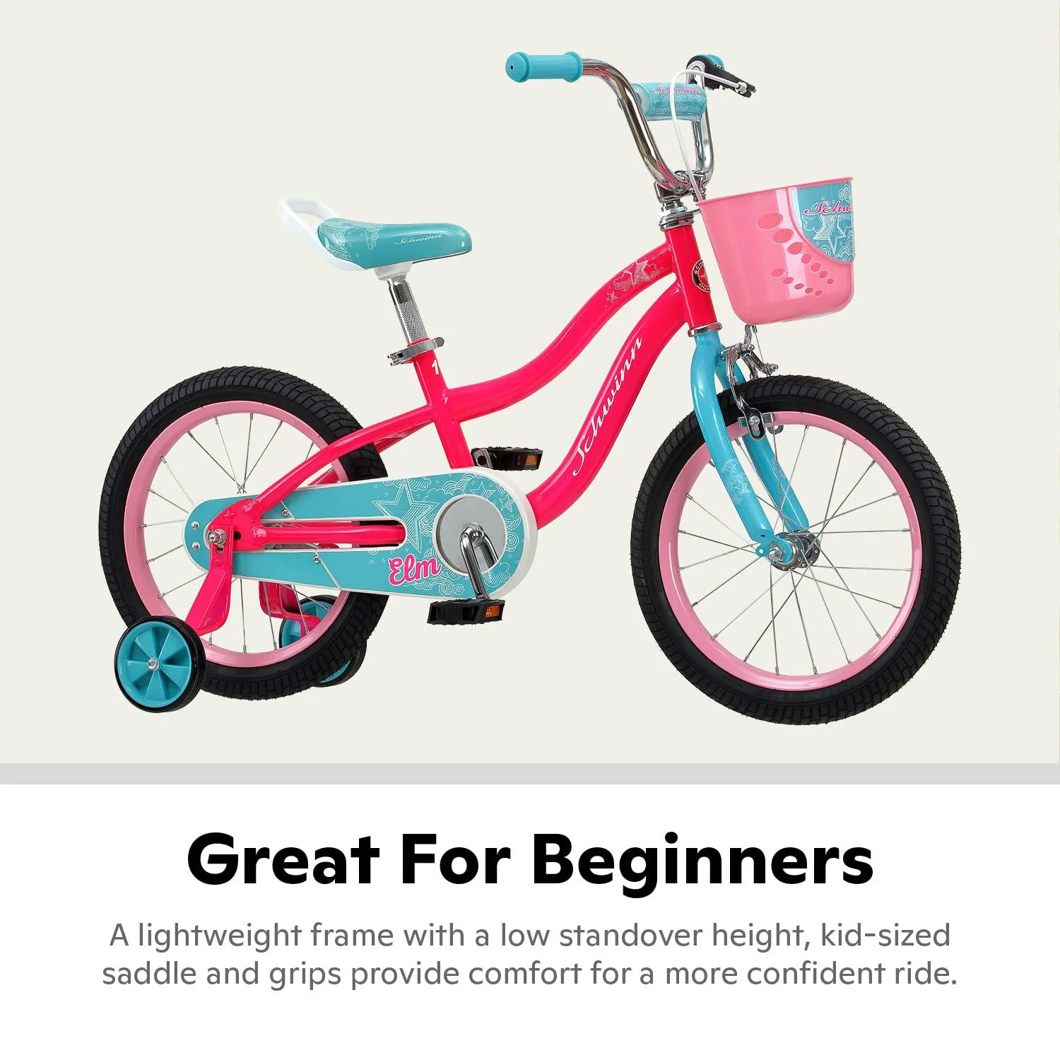 schwinn koen &a; elm toddler and kids bike, for girls and boys, 16-inch wheels, bmx style, with saddle handle, training wheels