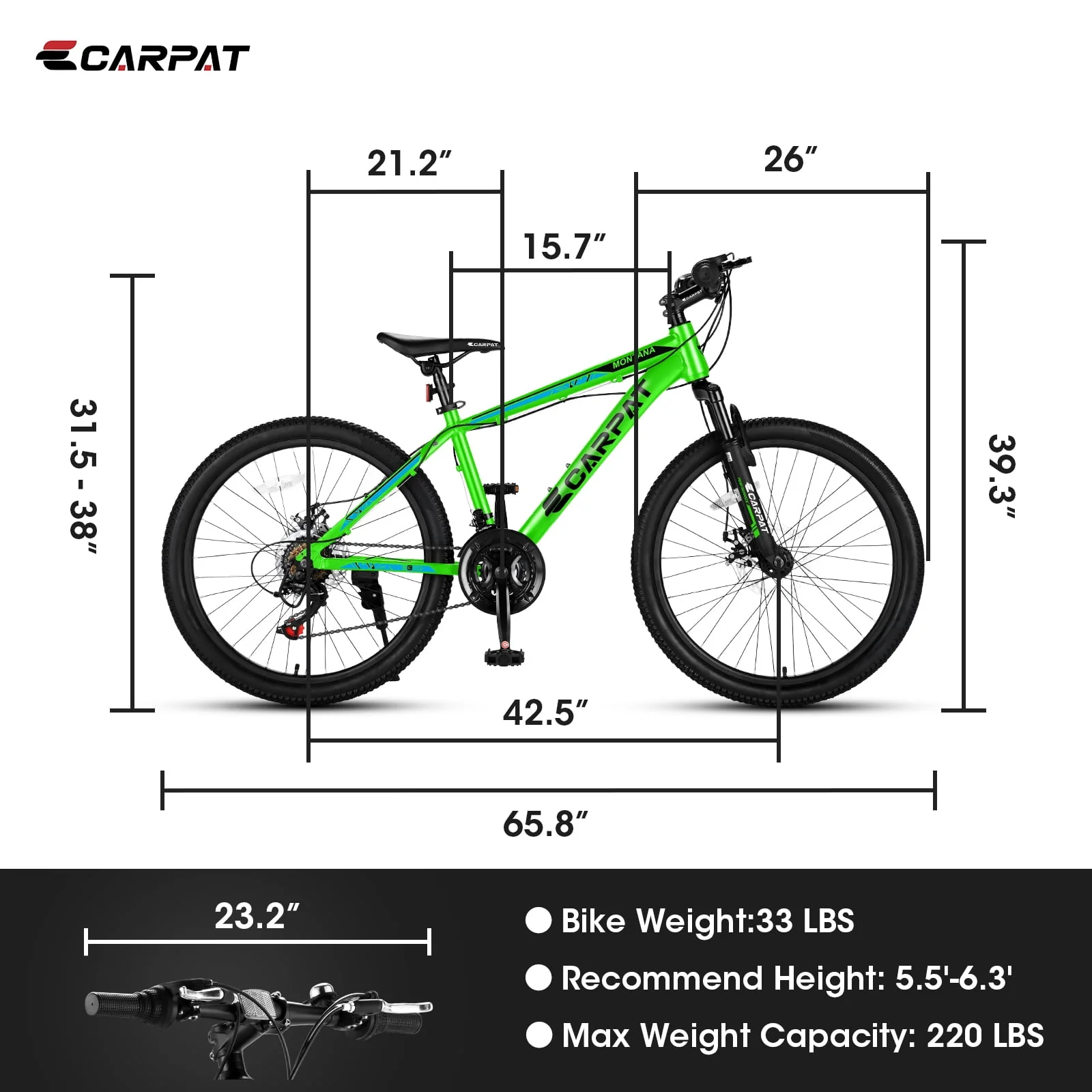 24 inch Mountain Bike Aluminium Frame Bike 21-Speed with Disc Brake Bicycle for Adults Men Women - Green