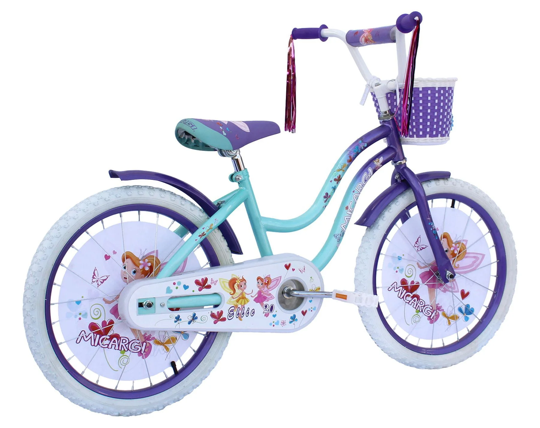 USToyOutlet 20 In. Cruiser Steel Frame Bicycle Coaster Brake One Piece Crank, White Full cover Chain Guard, Purple Baskets, Fenders & Rims, White Tire Kid's Bike - Purple/Baby Blue