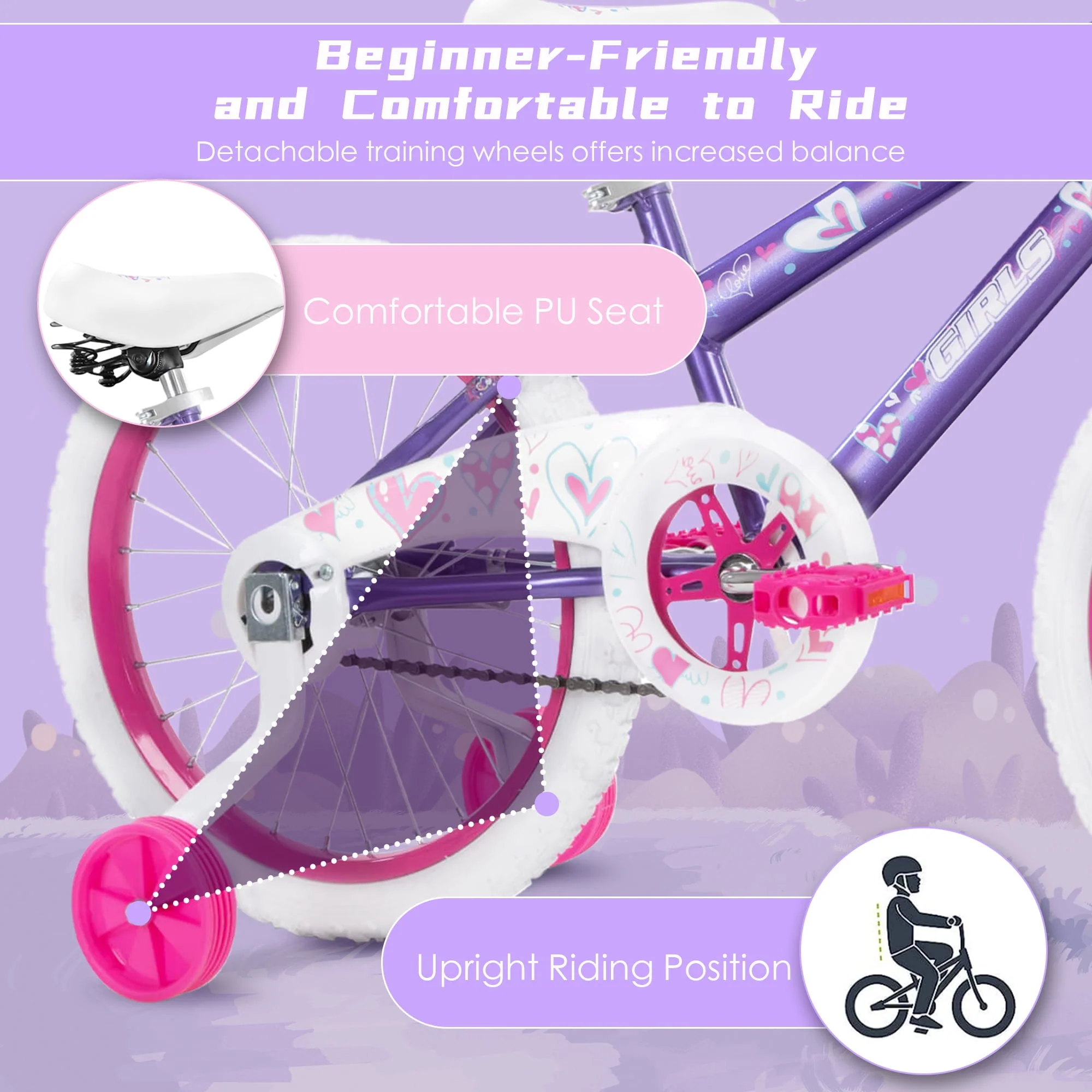 Inolait Kids Bike, 18 Inch Toddlers Bike with Removable Training Wheels, Adjustable Seat and Handlebar, Children's Bicycle for Girls Age 3-8 Years Old
