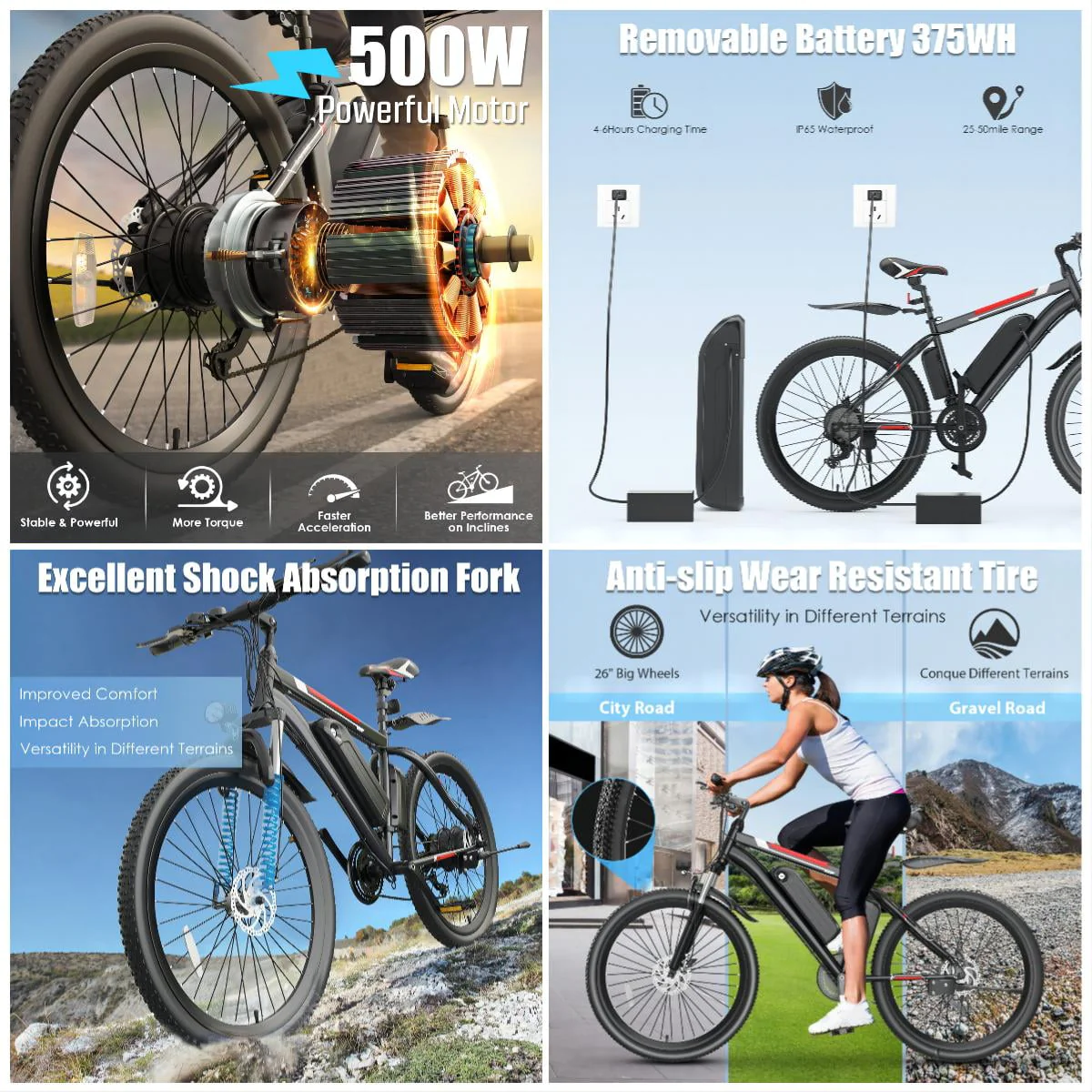 Elifine 500W Electric Bike for Adults, 26