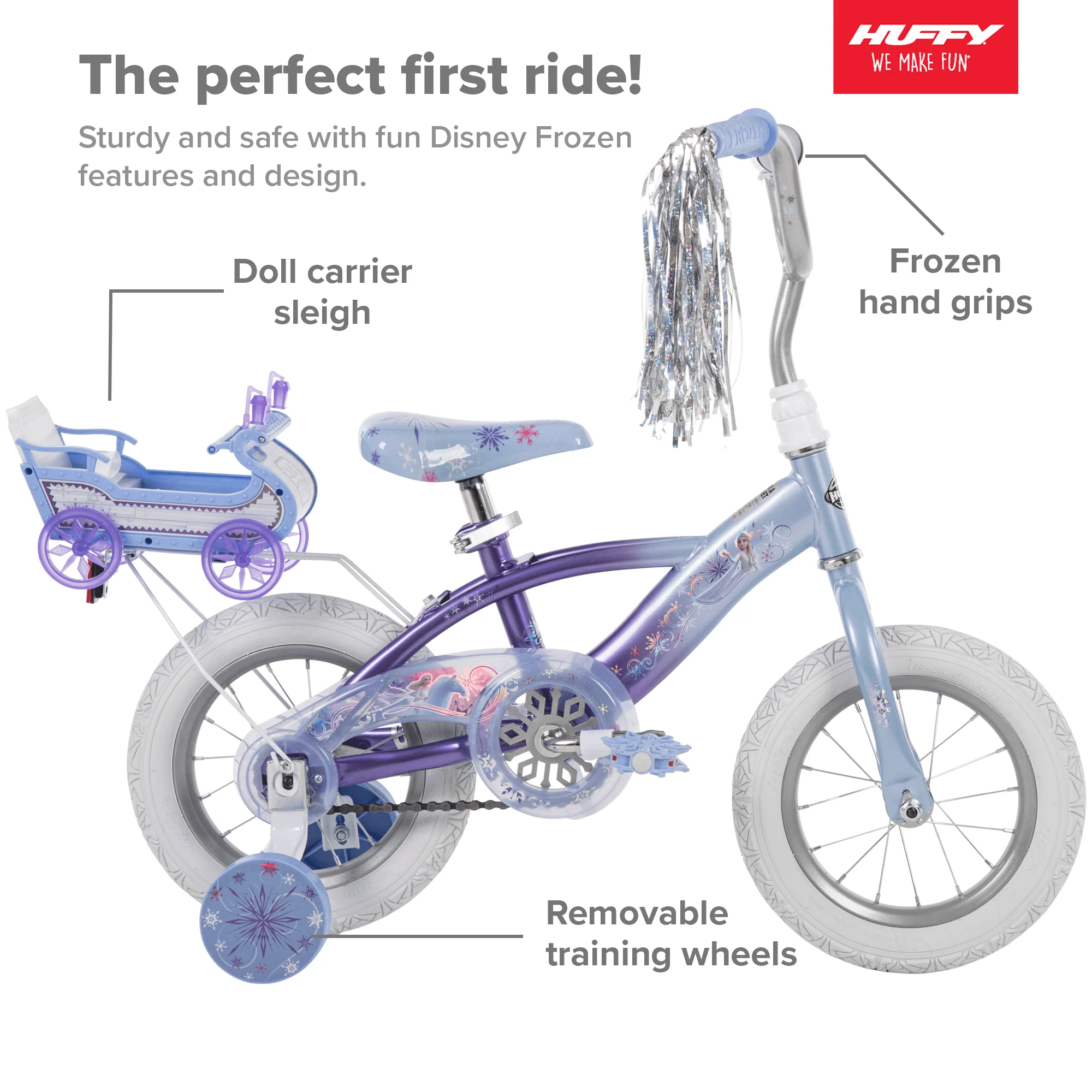 Frozen Bike with Doll Carrier Sleigh for Girl's, 12 In., White and Purple by Huffy