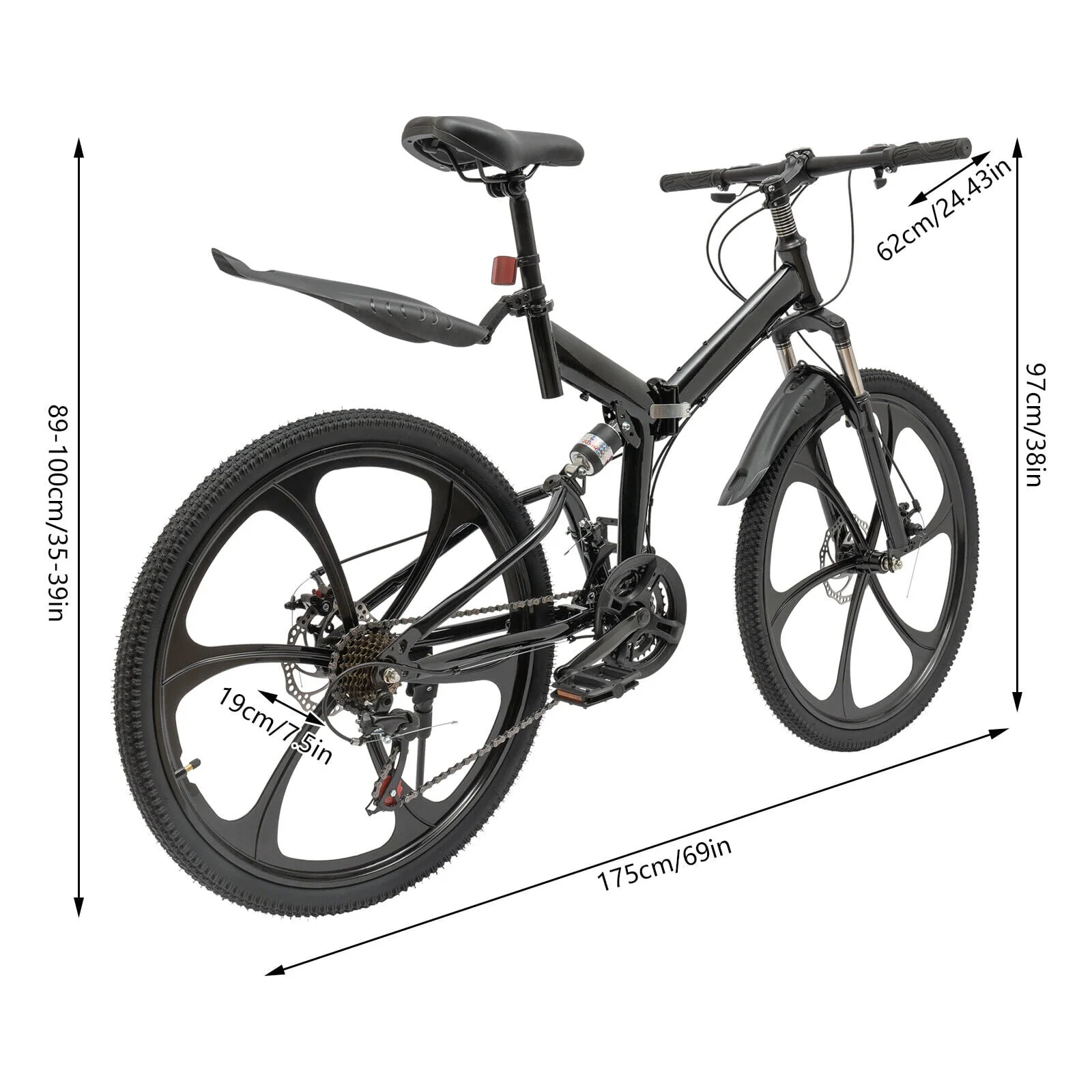 MIDUO Black Folding Mountain Bike 21-Speed Foldable Bicycle Disc Brake Mountain Bike