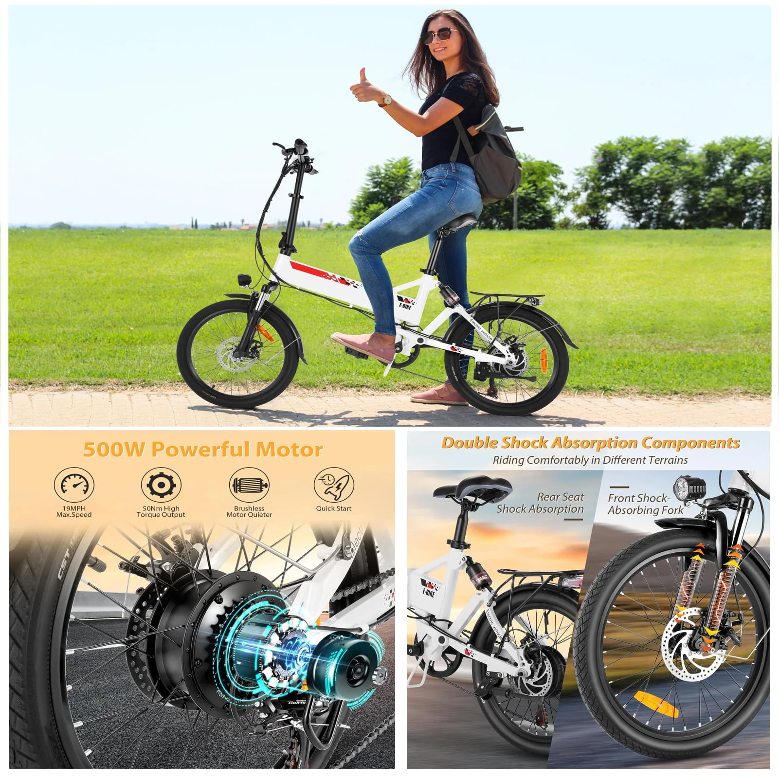 Gocio 500W Folding Electric Bike, 20'' Electric Commuter Bike, Aluminum Alloy Lightweight Electric Bicycle, Ebike Built-in 48V 7.8Ah Removable Lithium-Ion Battery, Urban Electric Bikes for Adults