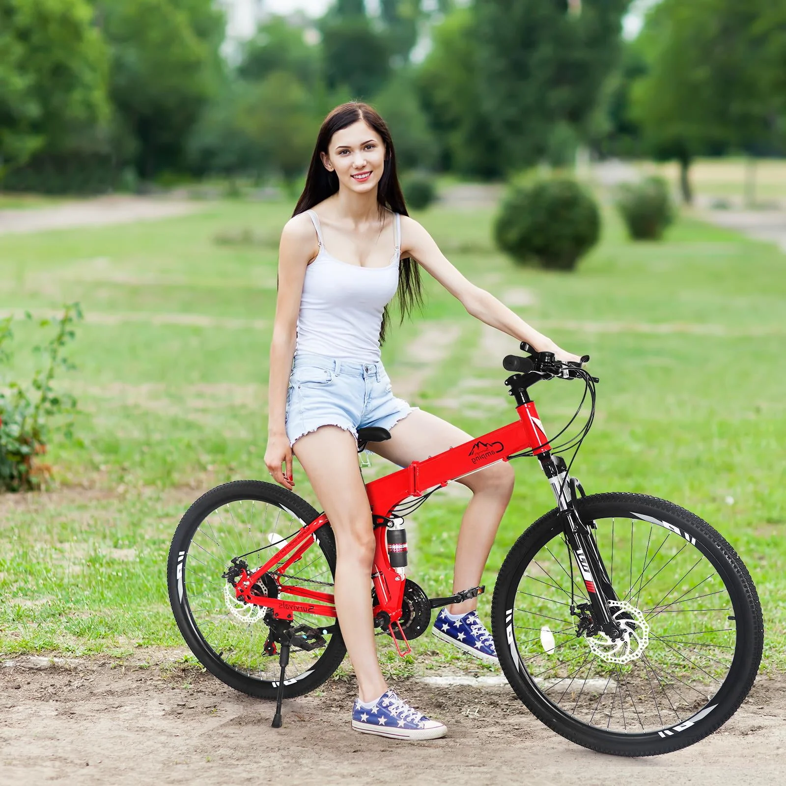 Campingsurvivals Folding Mountain Bike Shimano 21-Speed, with 26 inch Wheels, Red