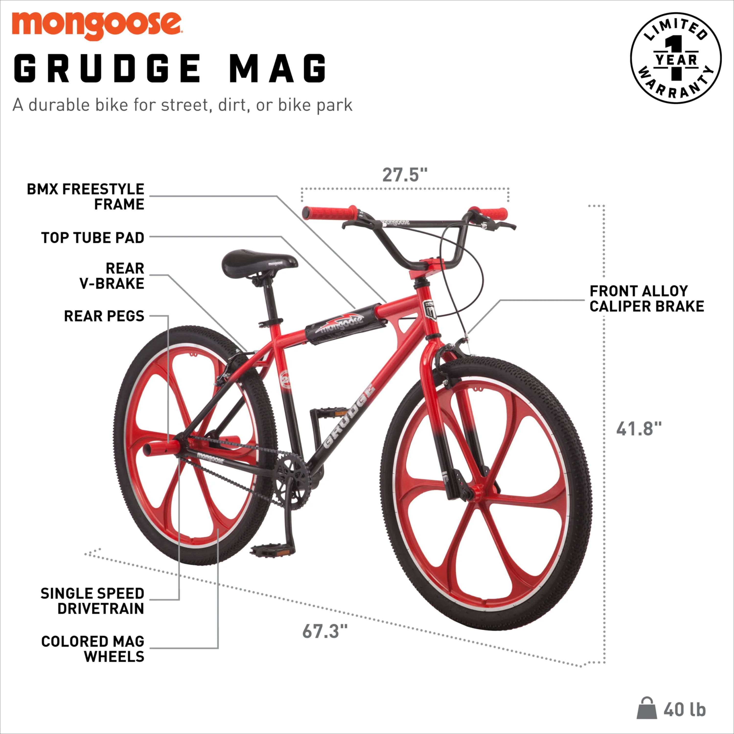 26 In. Grudge Mag BMX Freestyle Bike, Single Speed, Red / Black