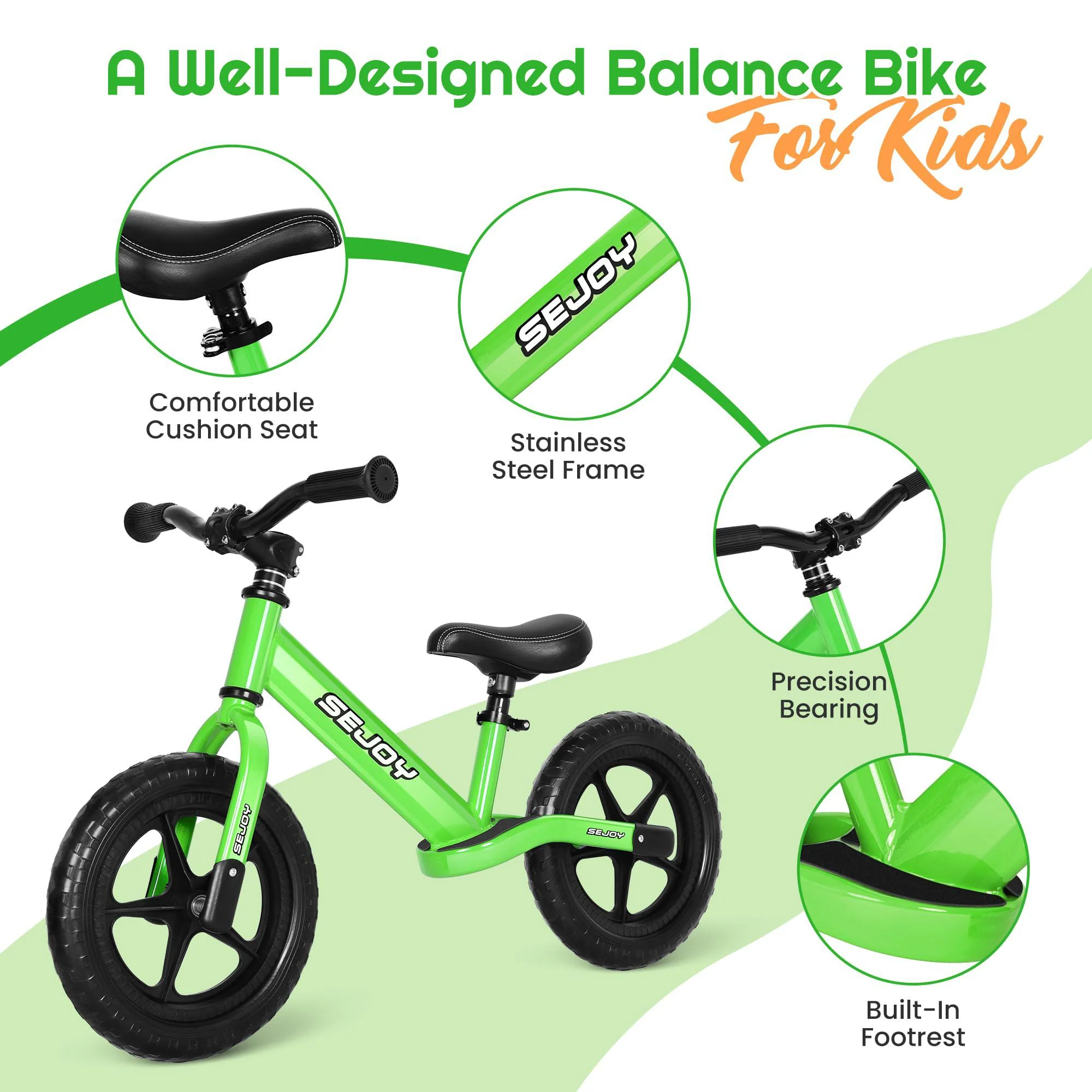 sejoy sport balance bike 3-6 years old, no pedal training push bicycle 12 inch, adjustable seat, steady balancing and footres