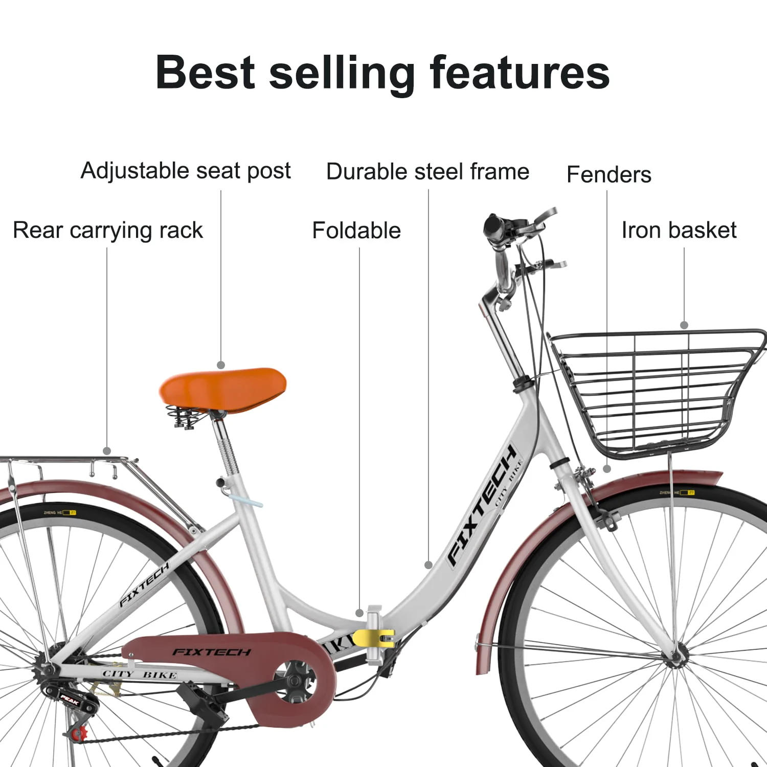 FIXTECH 7 Speed Foldable Comfort Cruiser Bike, 26 inch with Basket for Women and Girls, White