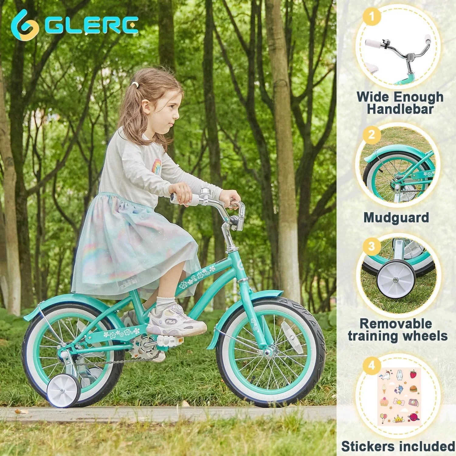 Glerc 12 inch Kids Cruiser Girls Bike for Child 2-5 Years, Mint Green