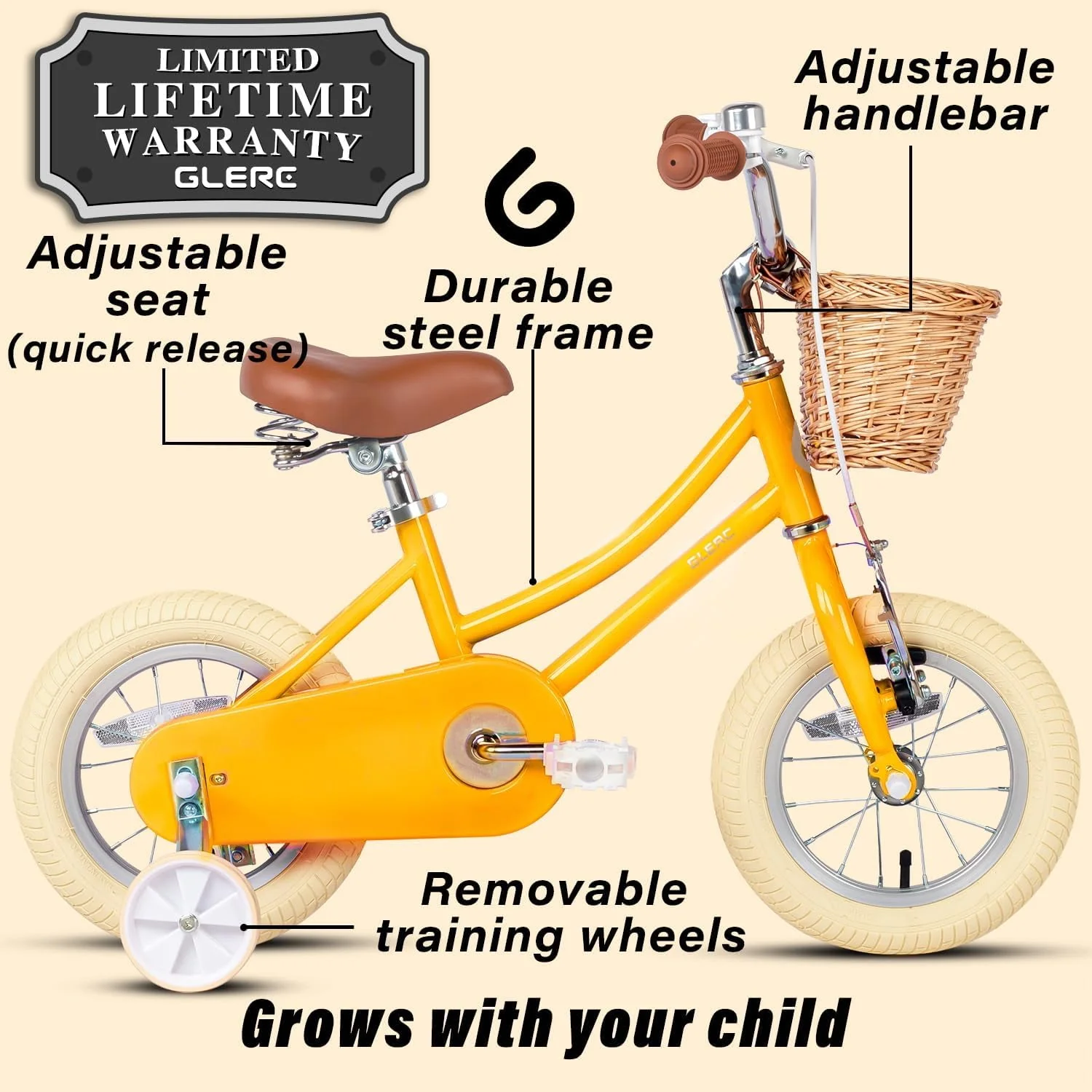 Glerc 14 inch Retro Kids Bike for Child 2-8 Years Old Girls，Yellow