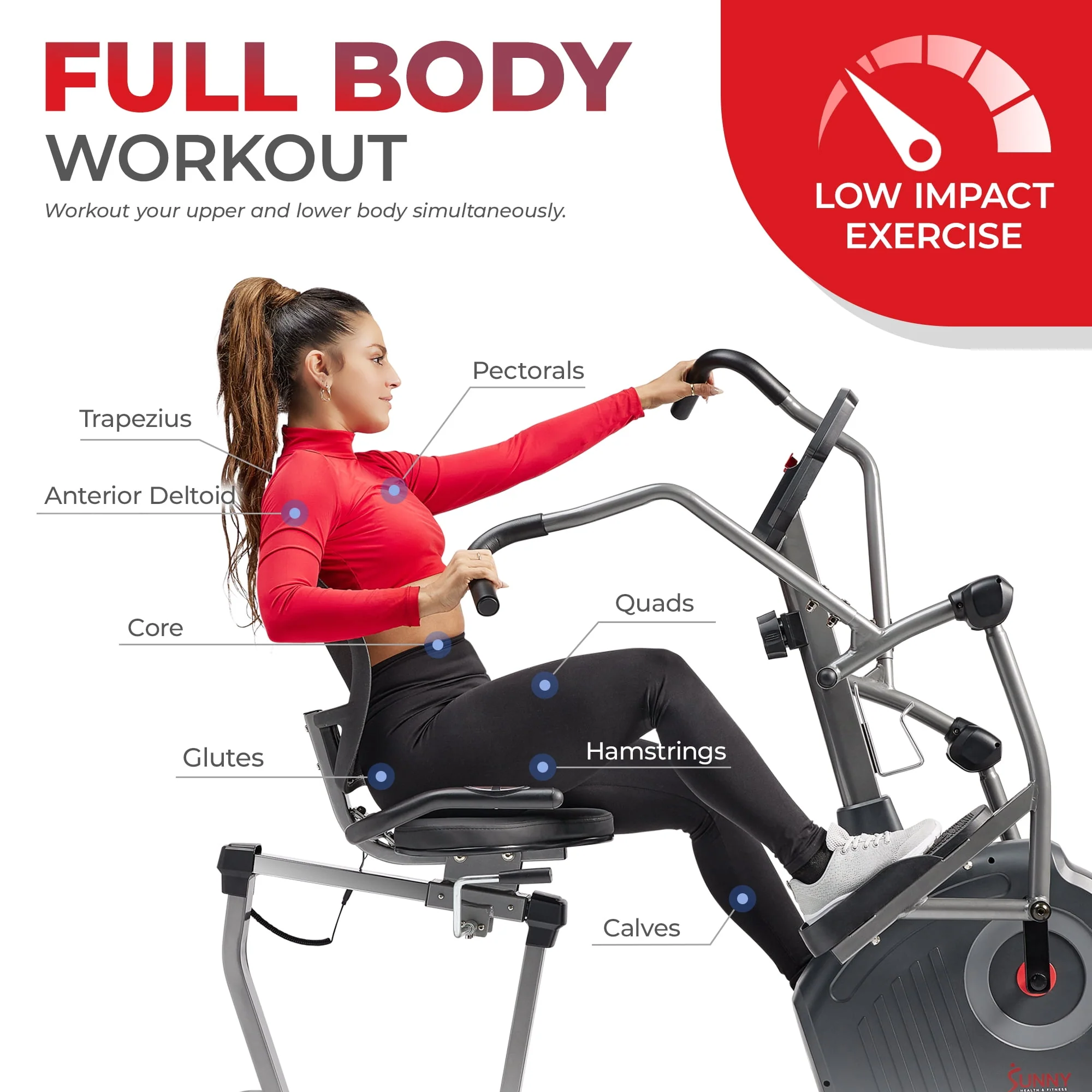 Sunny Health & Fitness Elite Recumbent Cross Trainer & Elliptical Machine with Arm Exercisers, Easy Adjust Seat, & Exclusive SunnyFit App Enhanced Bluetooth Connectivity