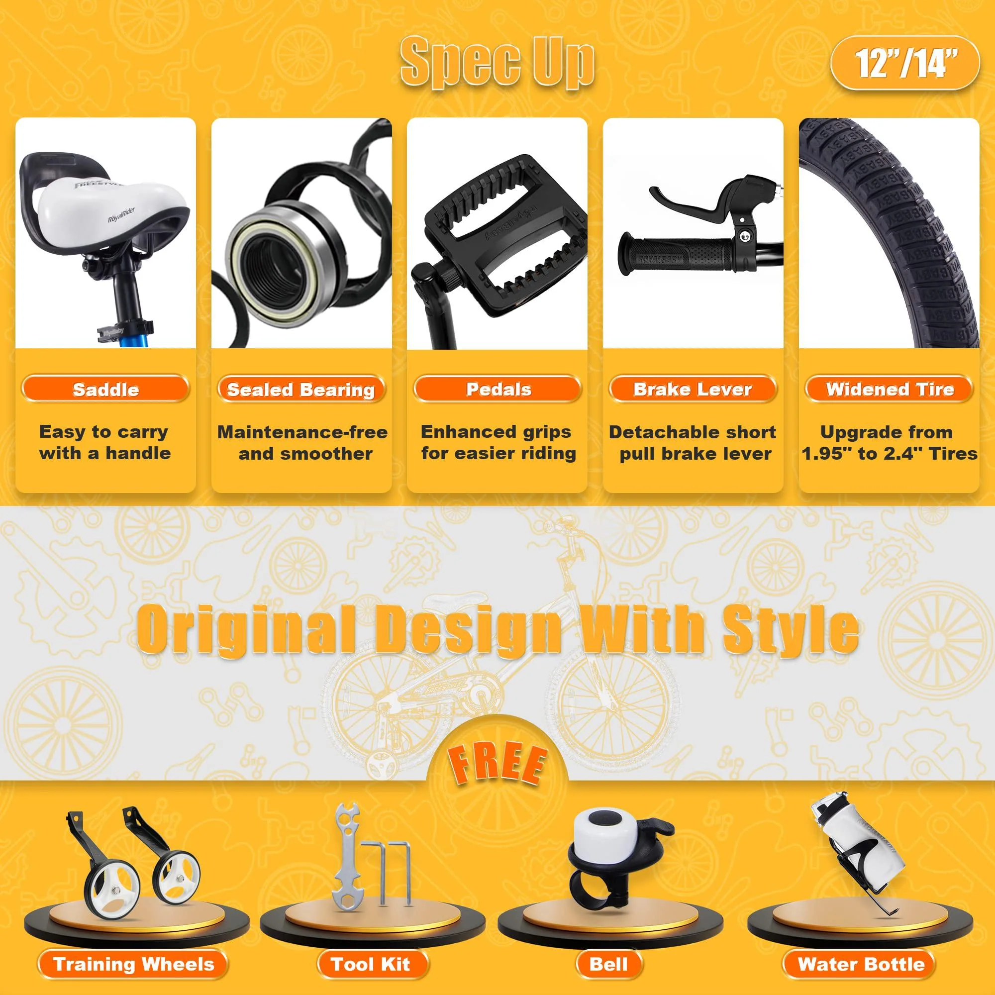 royalbaby freestyle toddlers bike 12 inch beginners kids bicycle with training wheels ages 3-4 years boys girls, black