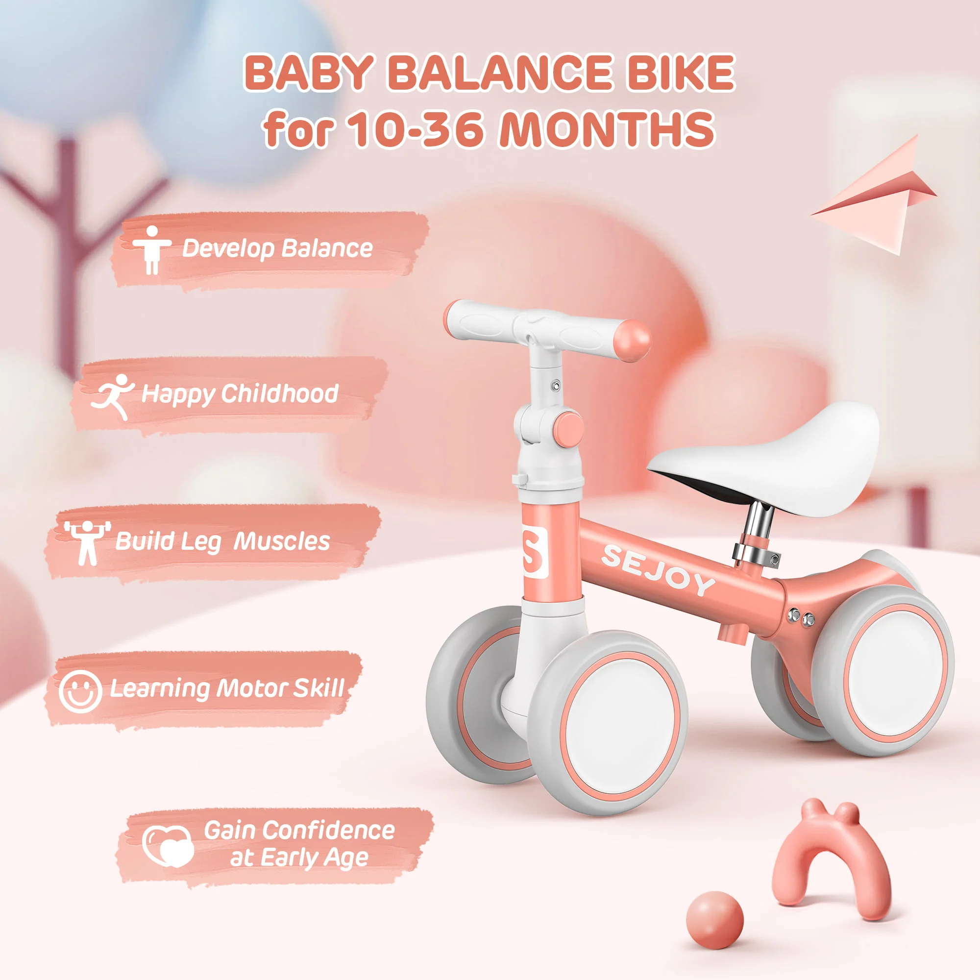 Sejoy Baby Balance Bike, Toddler Baby Bicycle with 4 Wheels 10-36 Months, Adjustable Handlebar Baby Outdoor Bike Riding Toy, First B-day Gift