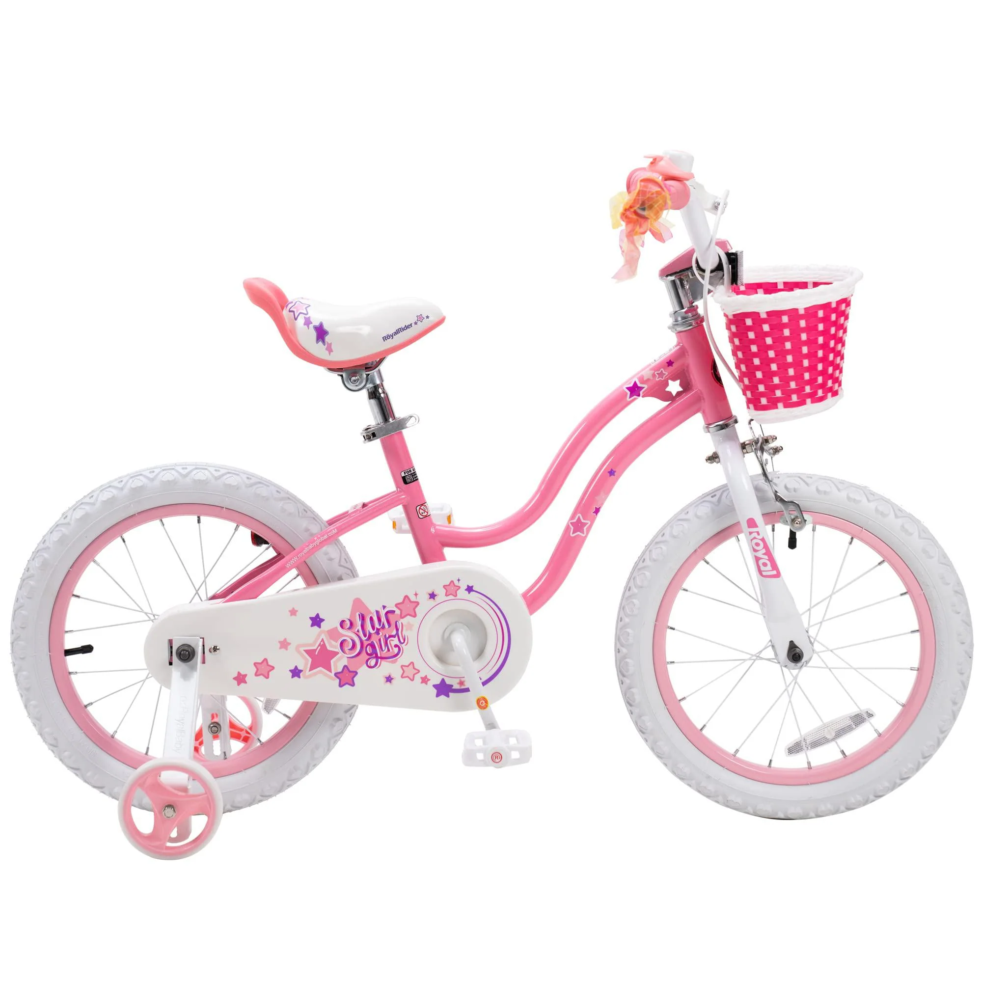 royalbaby stargirl kids bike 16 inch girls bicycle for children with training wheels kickstand basket, rose pink