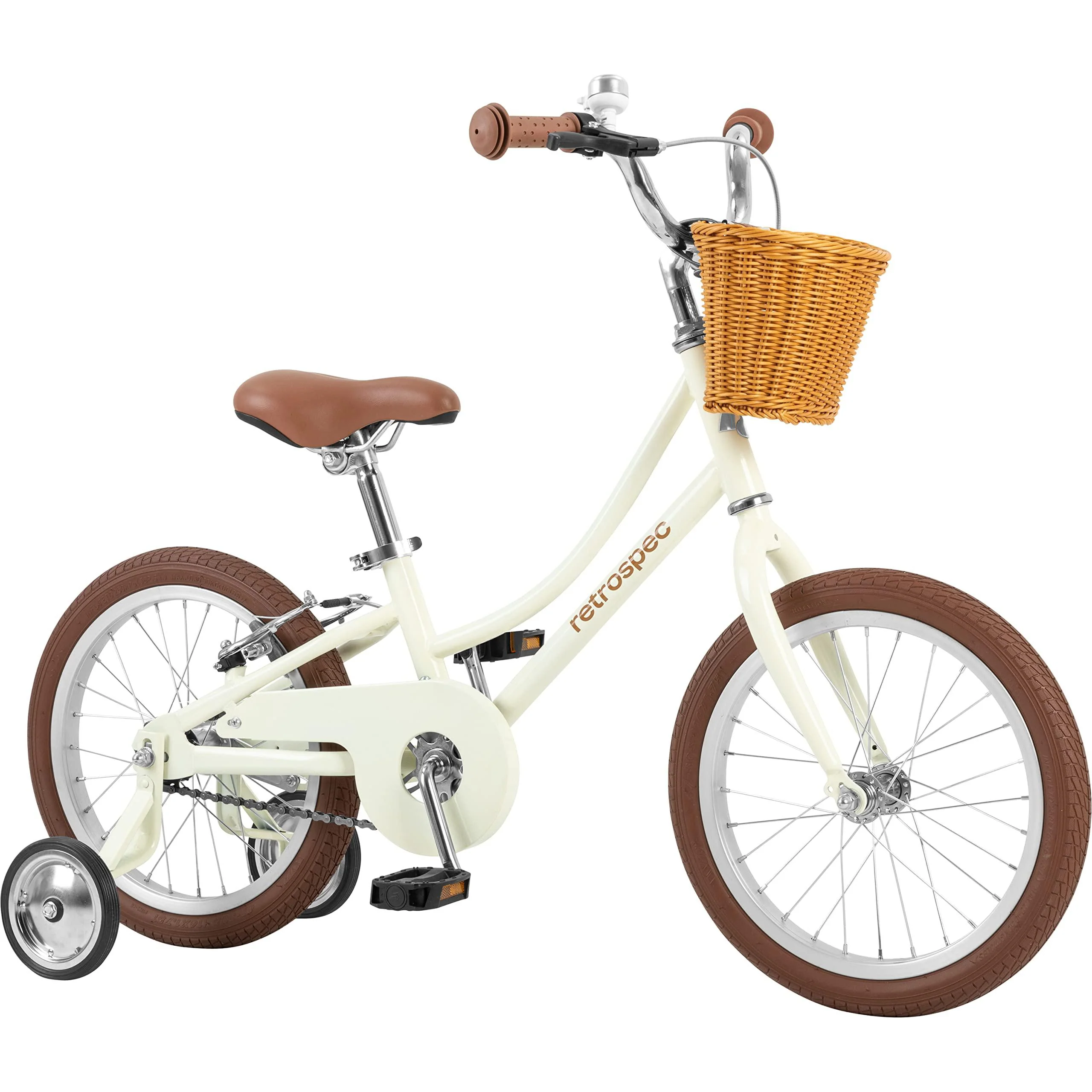 retrospec beaumont mini 16 inch kids bike for 4-6 year-olds with cushioning tires, v-brakes, training wheels, basket and bell