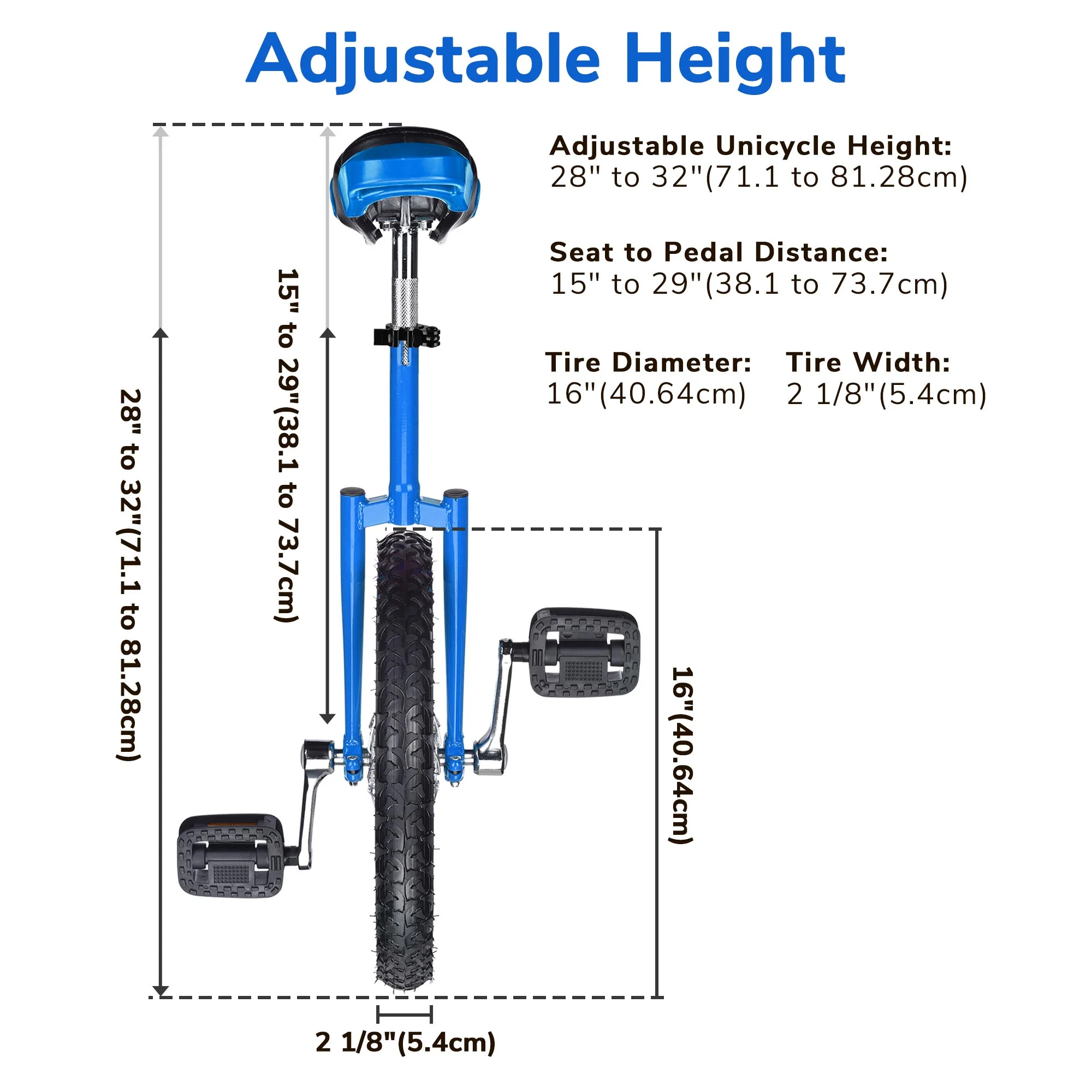 Yescom 16 In Wheel Outdoor Unicycle Adjustable Seat Exercise Bicycle Balance Training for Adults Teenagers Kids, Blue