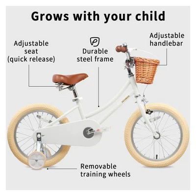 Petimini 16 Inch Steel Frame Child Bicycle with Wicket Basket, Handlebar Bell, Training Wheels, Adjustable Seat, and Parent Handle, Ages 4 to 8, White