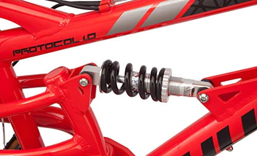 Schwinn Protocol 1.0 Men’s and Women’s Mountain Bike, 26 In. Wheels, 24-Speed Drivetrain, Lightweight Aluminum Frame, Full Suspension, Red/Blue