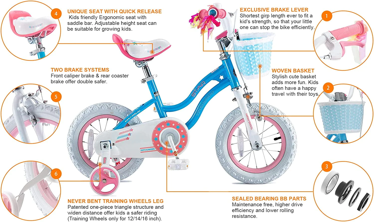Royalbaby Girls Kids Bike Star girl 14 In Bicycle Basket Training Wheels Blue Child's Cycle