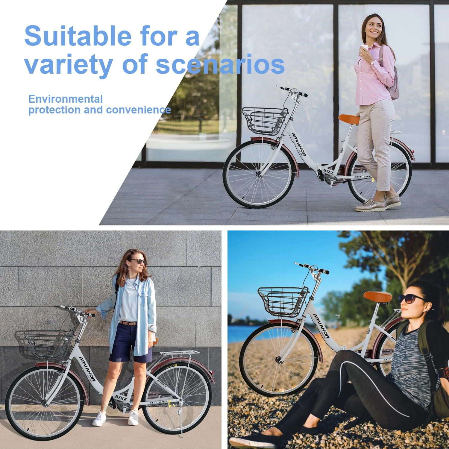 26 Inch Women Bike, Classic Bicycle Retro Bicycle, Cruiser Bike, White