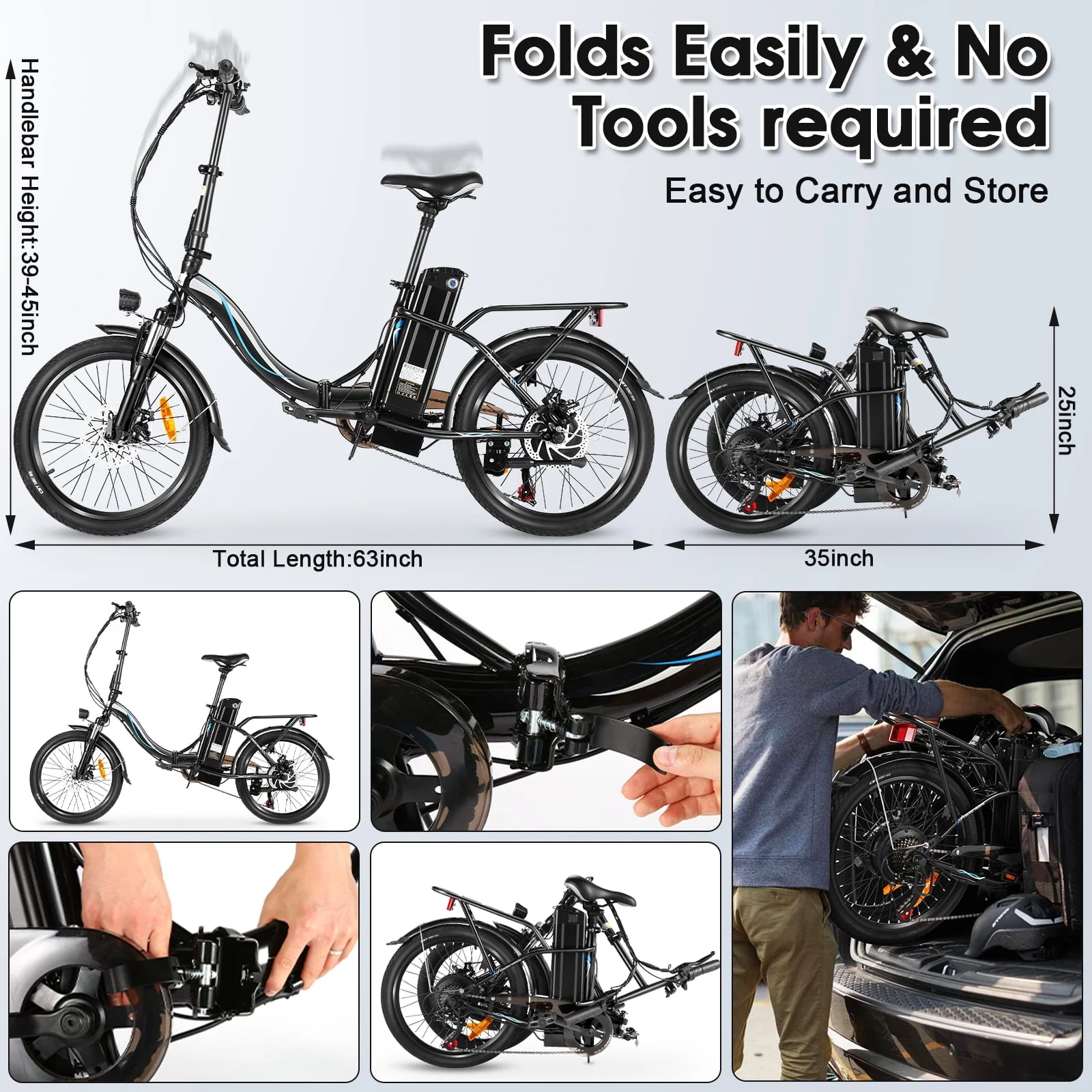 Elifine 500W Folding Electric Bike for Adults, 20