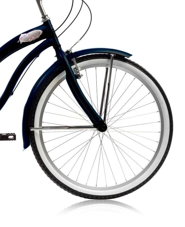 Wonder Wheels Beach Cruiser Shimano Tx-35 7 Speed Bicycle, Bike, V-Brake Stainless Steel Spokes One Piece Crank Alloy Pink Rims 36H W/ Fender - Matte Black