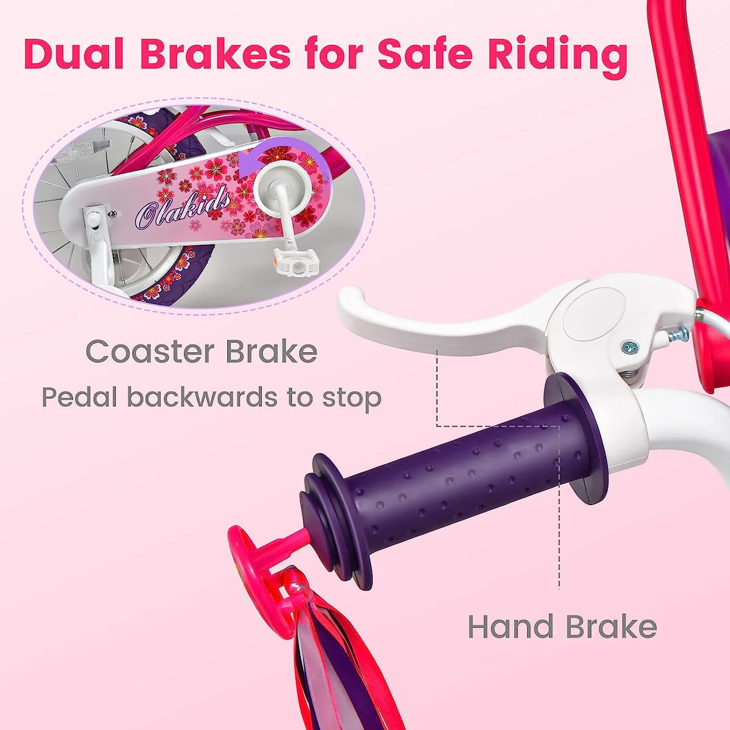 OLAKIDS Kids Bike for Girls, 14 16 Inch Children's Bicycle with Removable Training Wheels and Doll Seat, Adjustable Seat and Handlebar, Girls Bike for Toddlers Age 4-8 Years Old Pink Flower