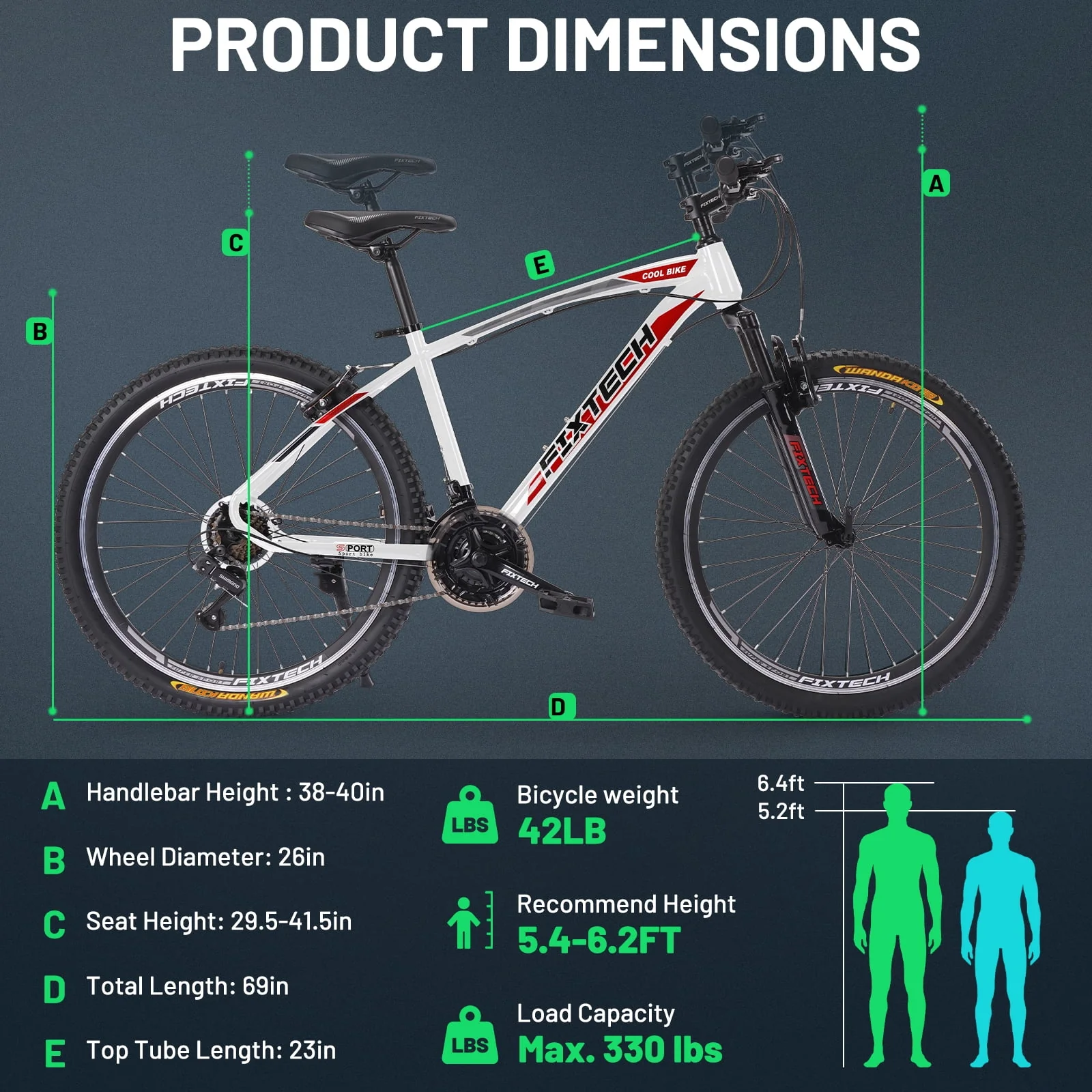 FIXTECH 26'' Mountain Bike, Shimano 21 Speed MTB Bicycle for Adults, White