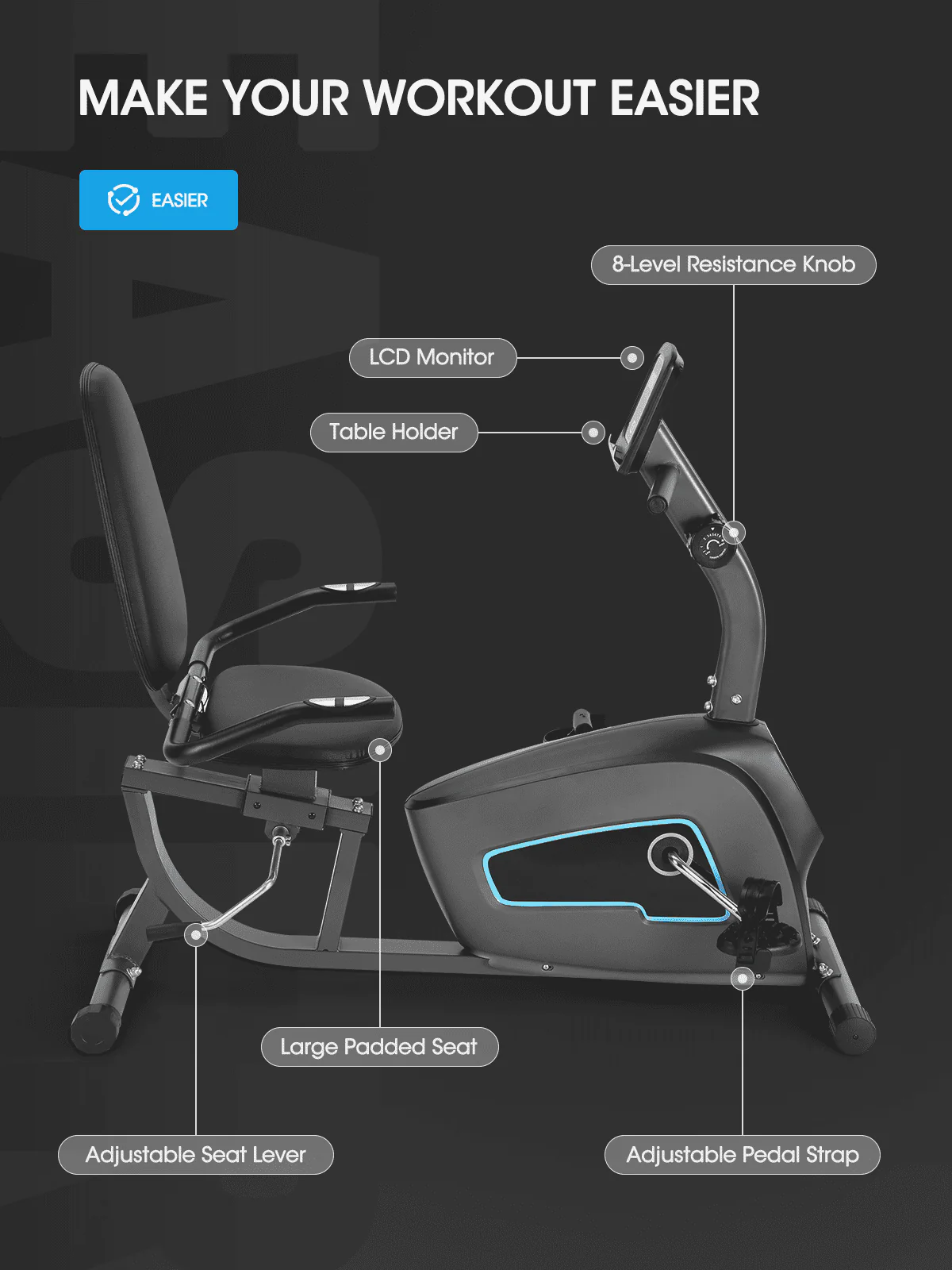 Recumbent Exercise Bike Indoor Stationary Exercise Bike for Home Use with Pluse Monitor/Tablet Holder