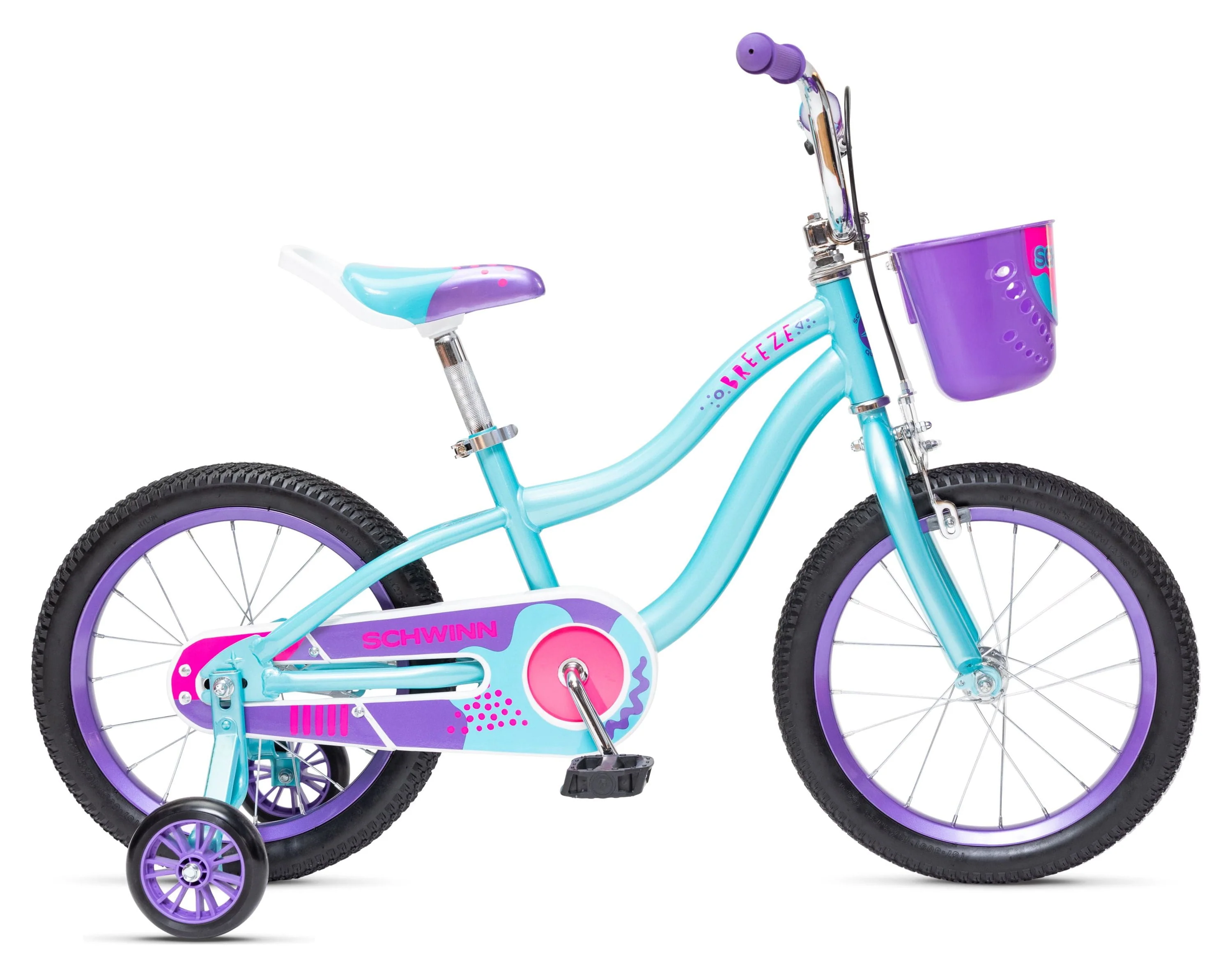 Schwinn Breeze 16 Inch Girls Kids Bike with Basket and Training Wheels, Ages 3-7, Teal and Purple