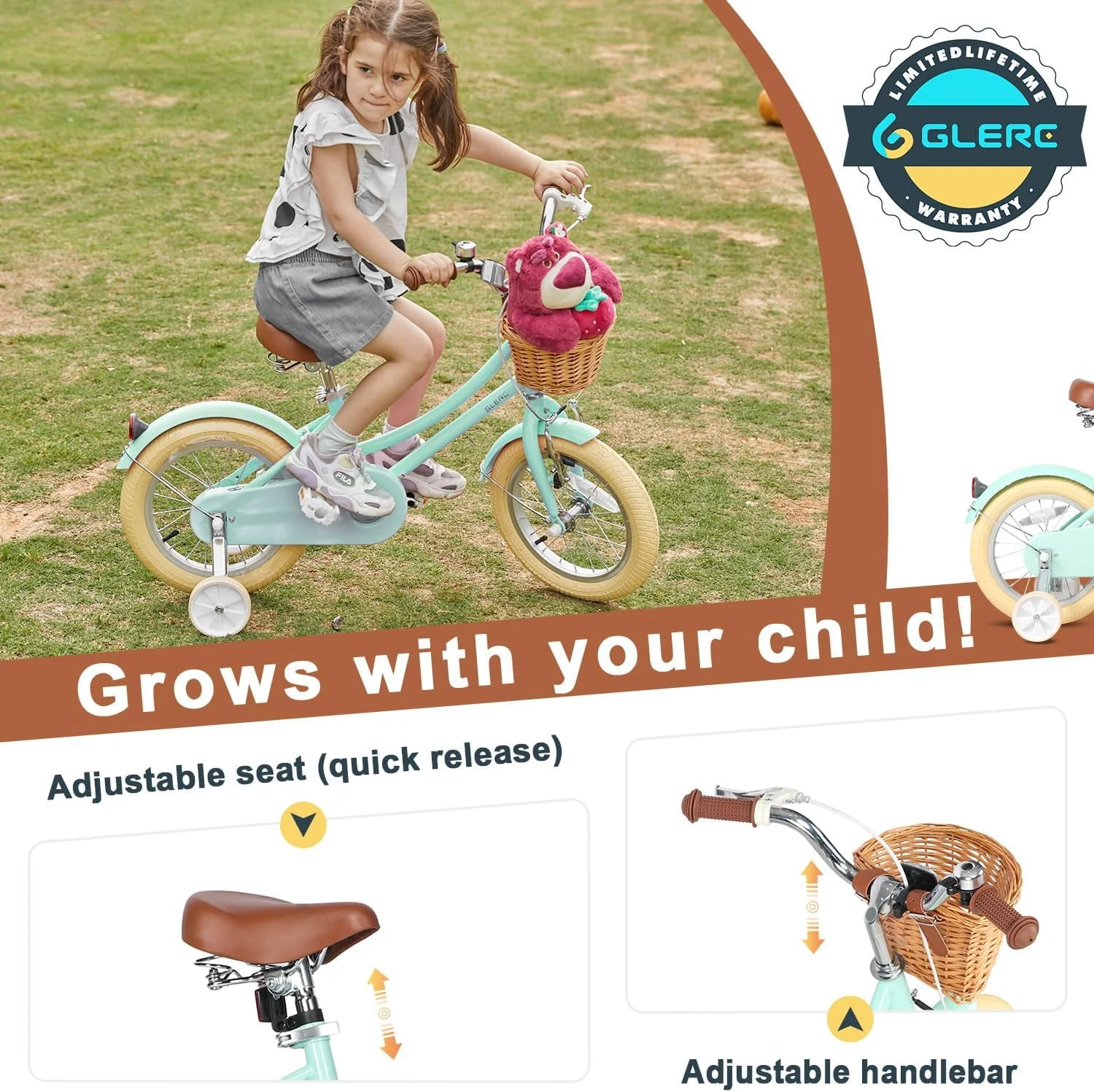 Glerc Little Molly 12 inch Kids Girls Bike for1 2-5 Years Old Child and Toddler, Peach