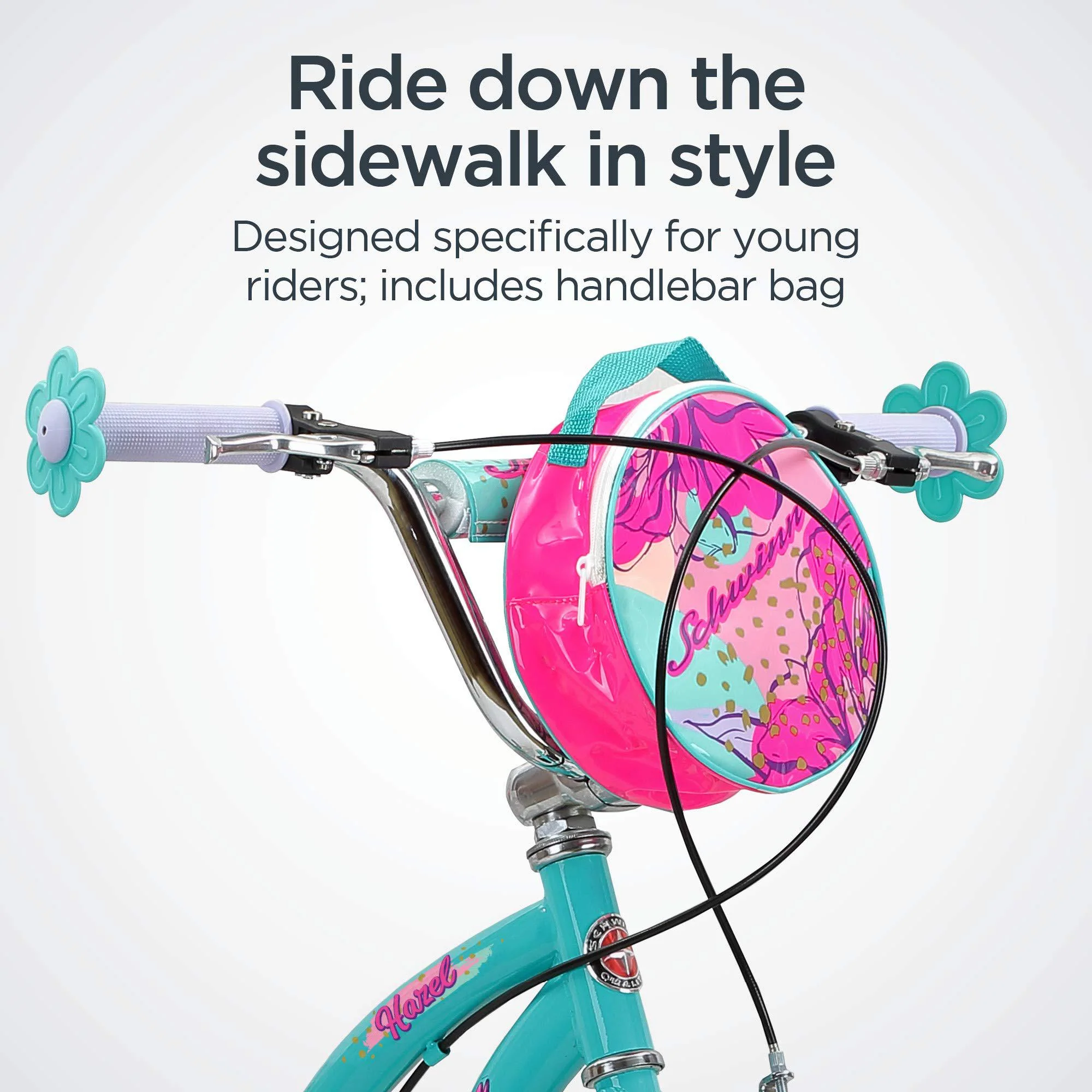 schwinn hazel kids bike, 20-inch wheels, single speed, bike bag, suggested rider height 4&s;0