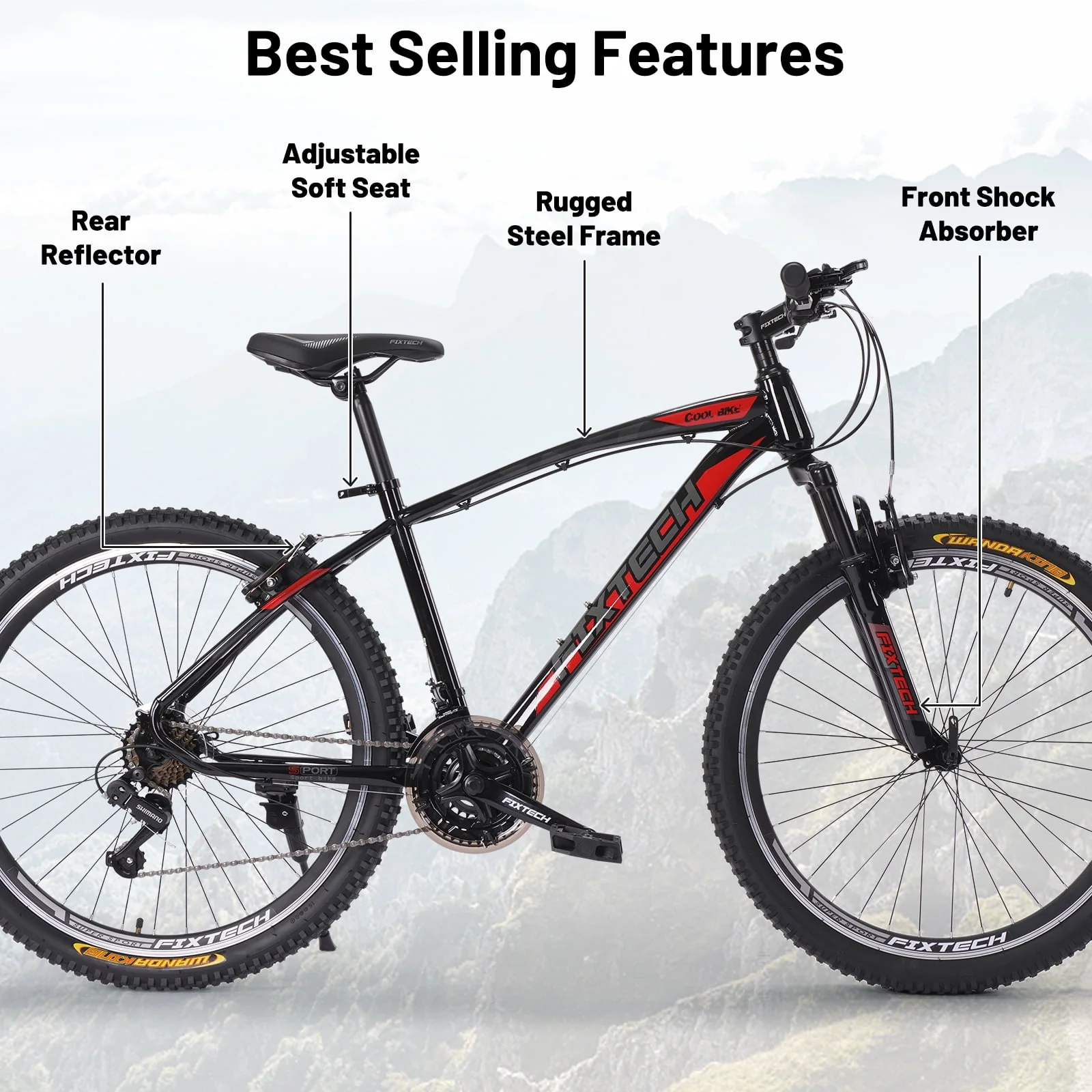 FIXTECH 26'' Mountain Bike, Shimano 21 Speed MTB Bicycle for Adults, Black