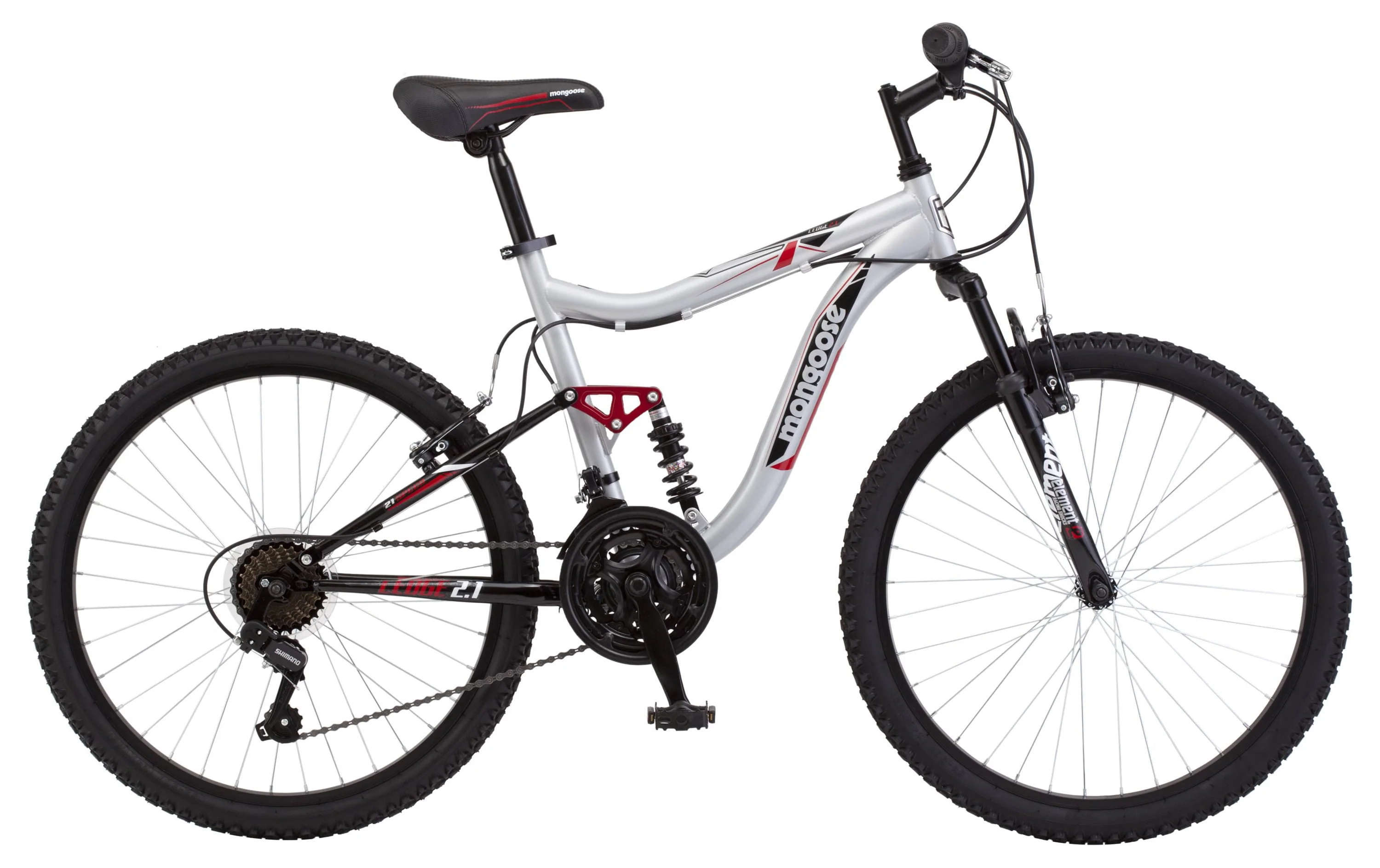 Mongoose Ledge 2.1 Mountain Bike, 24-inch wheels, 21 speeds, boys frame, Silver/Red