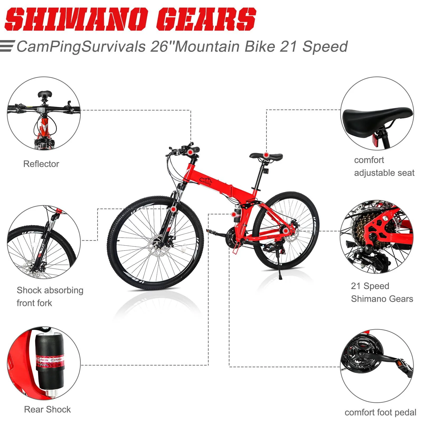 Folding Mountain Bike Shimano 21-Speed, with 26 inch Wheels, Red