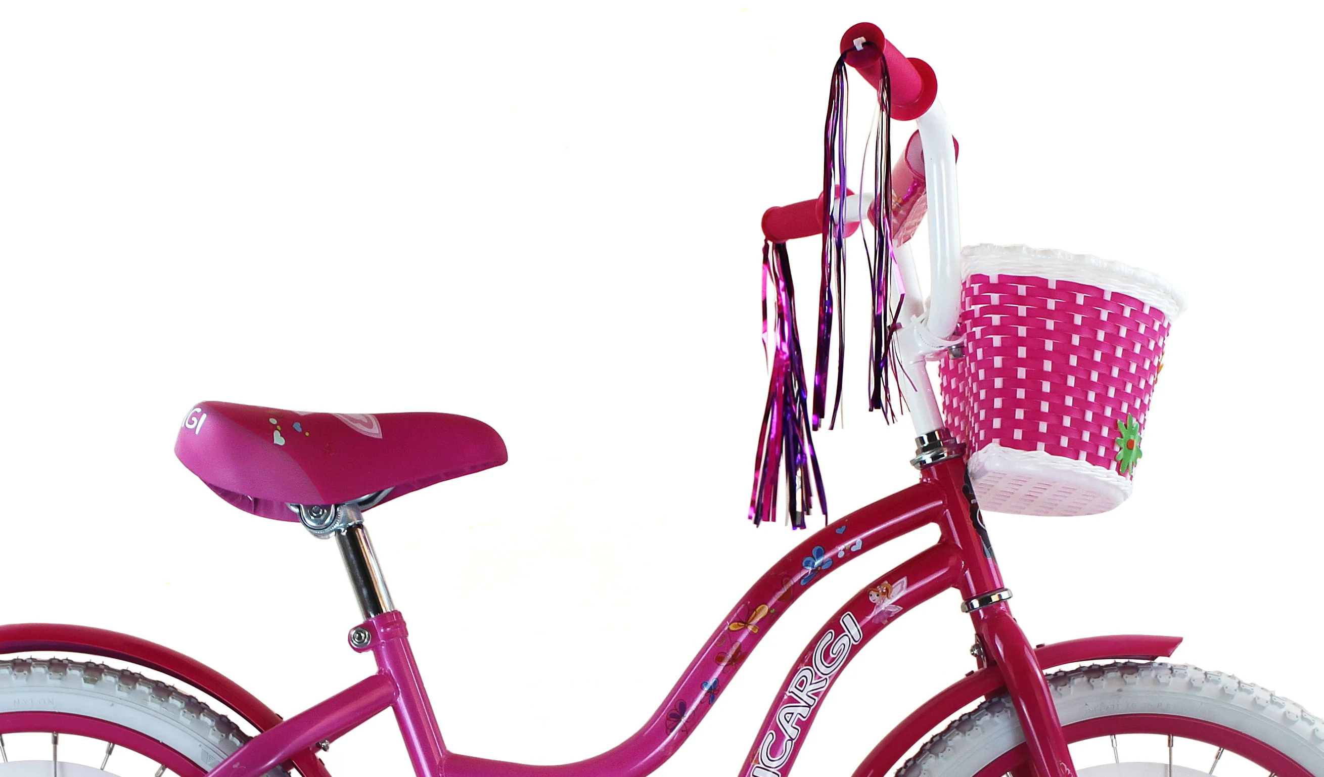 USToyOutlet 20 In. Cruiser Steel Frame Bicycle Coaster Brake One Piece Crank, White, Pink Full cover Chain Guard, Pink Basket, Fenders and Rims, White Tire Kid's Bike - Pink and Hot Pink