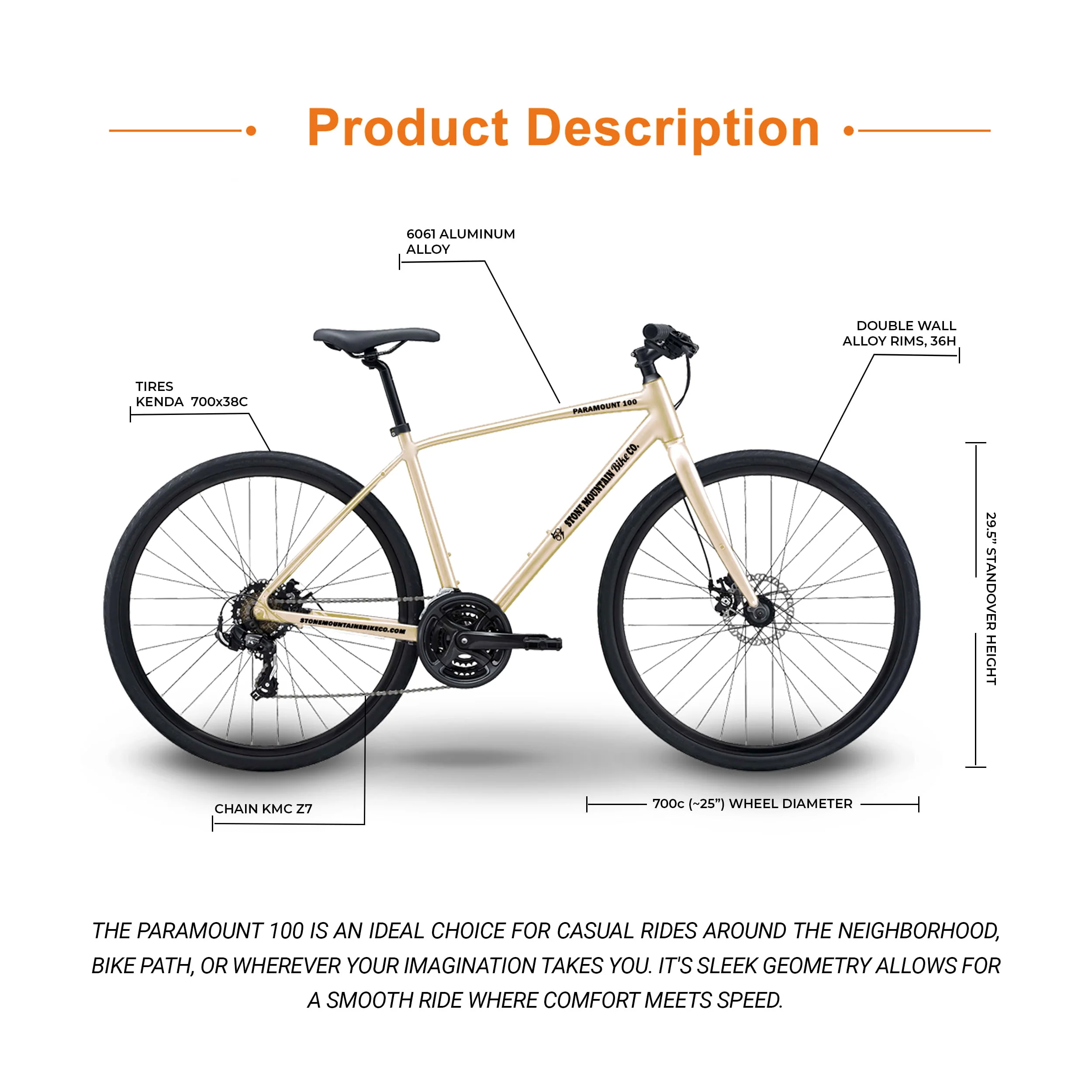 5Seconds PARAMOUNT 100 Hybrid Bicycle, Lightweight Aluminum Frame 21- Speed Bike with Trigger Shifters, and Mechanical Disc Brakes - Metallic Beige
