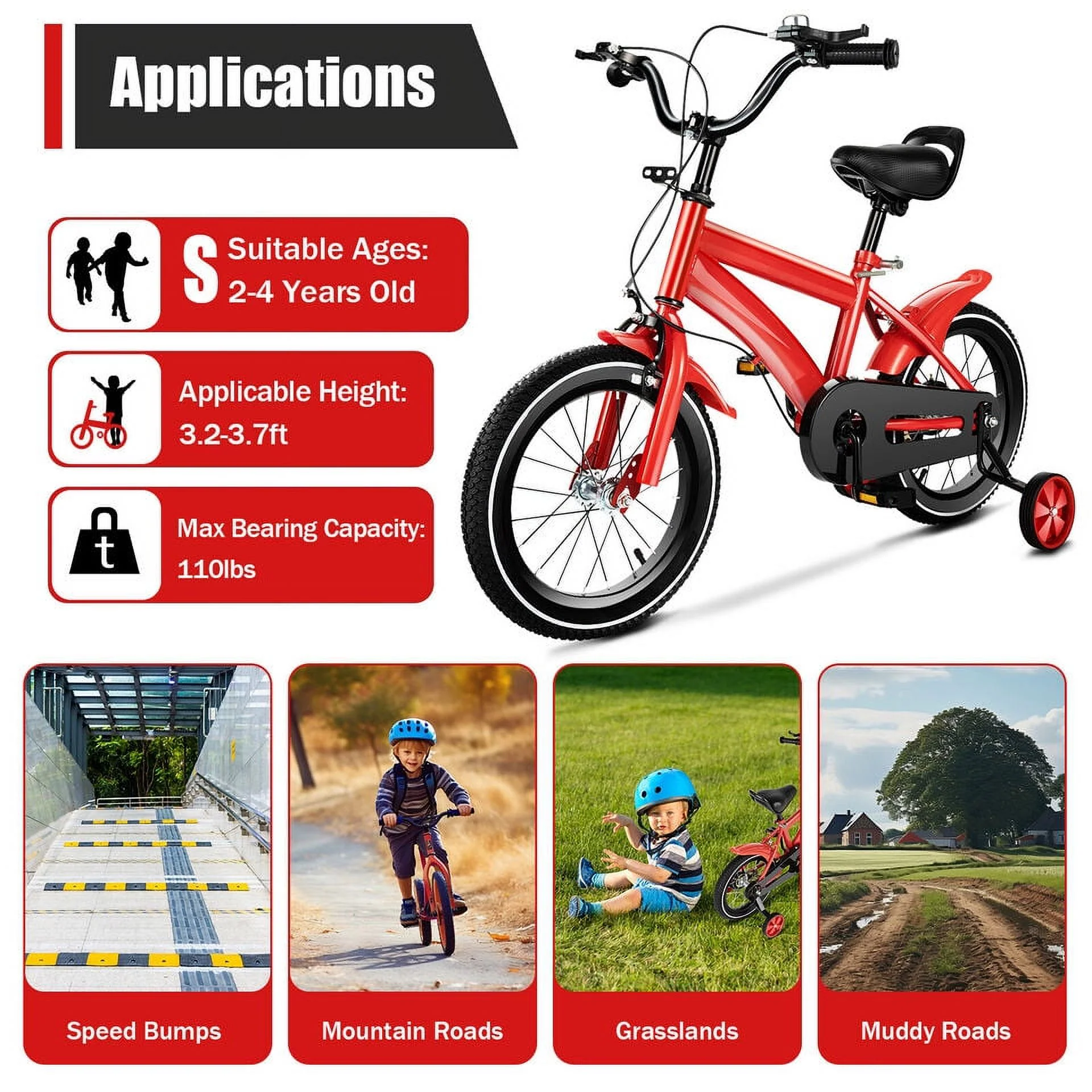 TFCFL 14 Inch Bicycle for Kids with Training Wheels Double Brake for Boys Girls Ages 3-6 Years Bicycle Height Adjustable（Red）