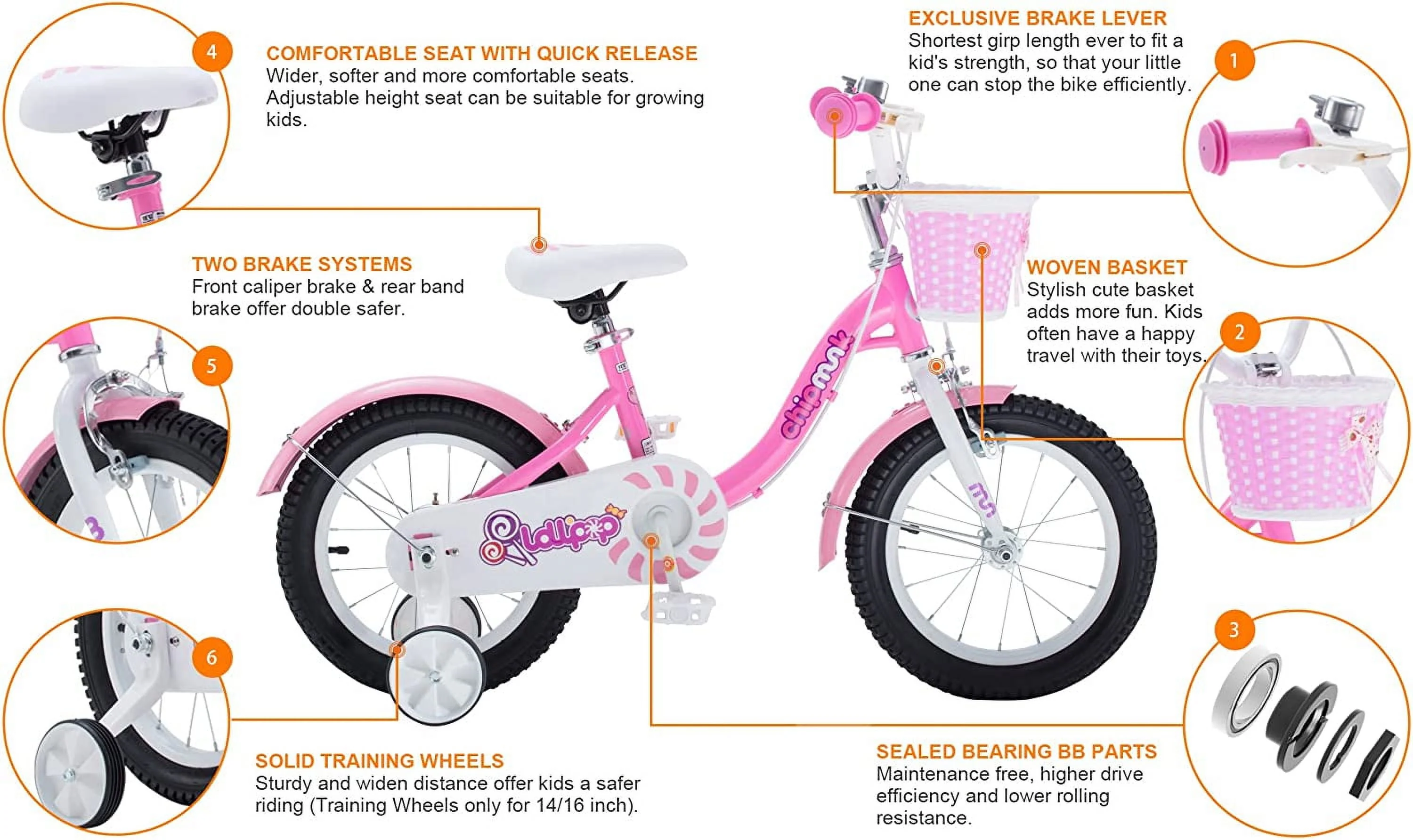 RoyalBaby Chipmunk Girls Kids Bike Bicycle with Basket Training Wheels 14 Inch Lollipop Pink