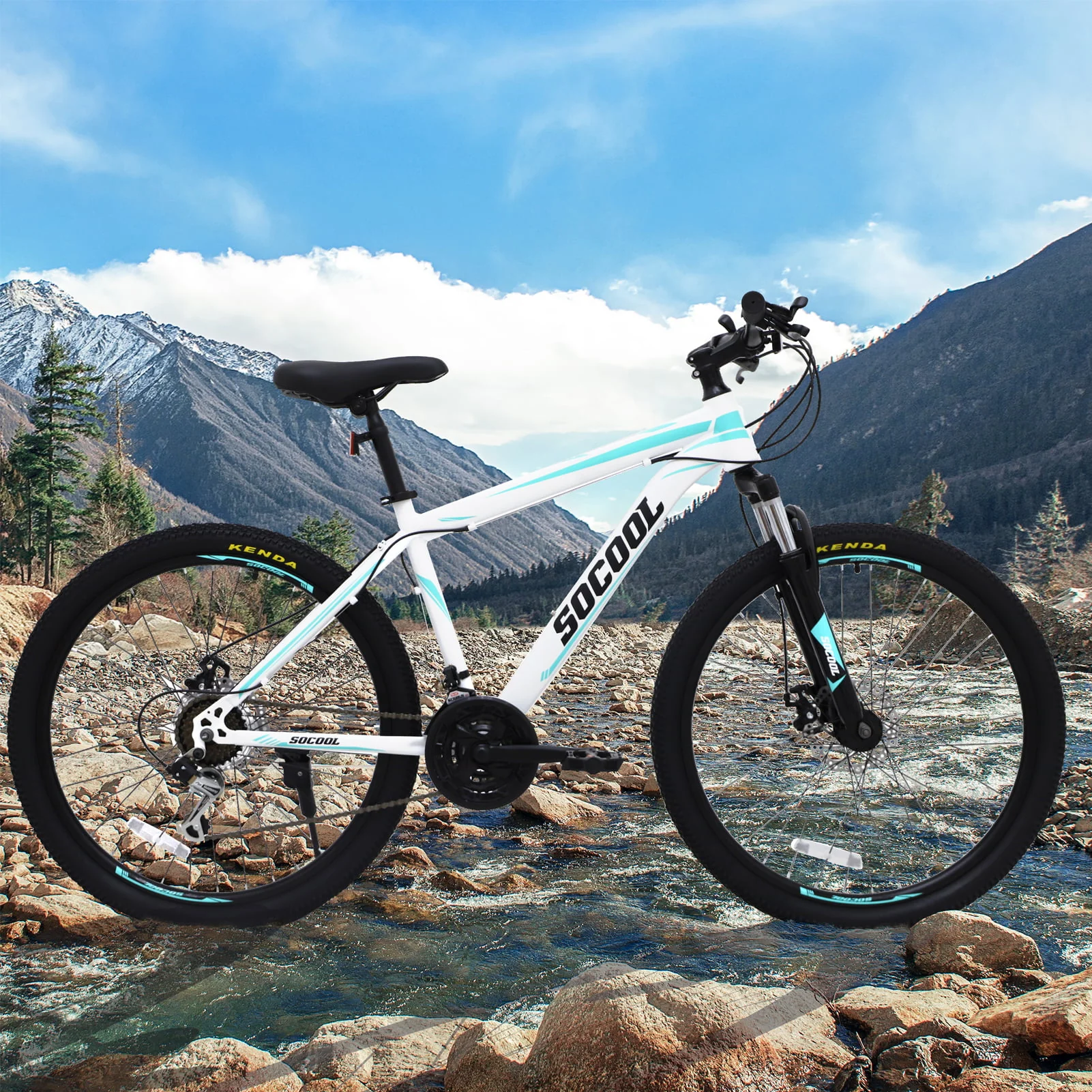 Feildoo Mens Mountain Bike, Front Suspension, 21-Speed, 26-Inch Wheels, 17-Inch Aluminum Frame, White and Black Bike