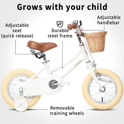Petimini 14 Inch Steel Frame Child Bicycle with Wicket Basket, Handlebar Bell, Training Wheels, Adjustable Seat, and Parent Handle, Ages 3 to 5, White