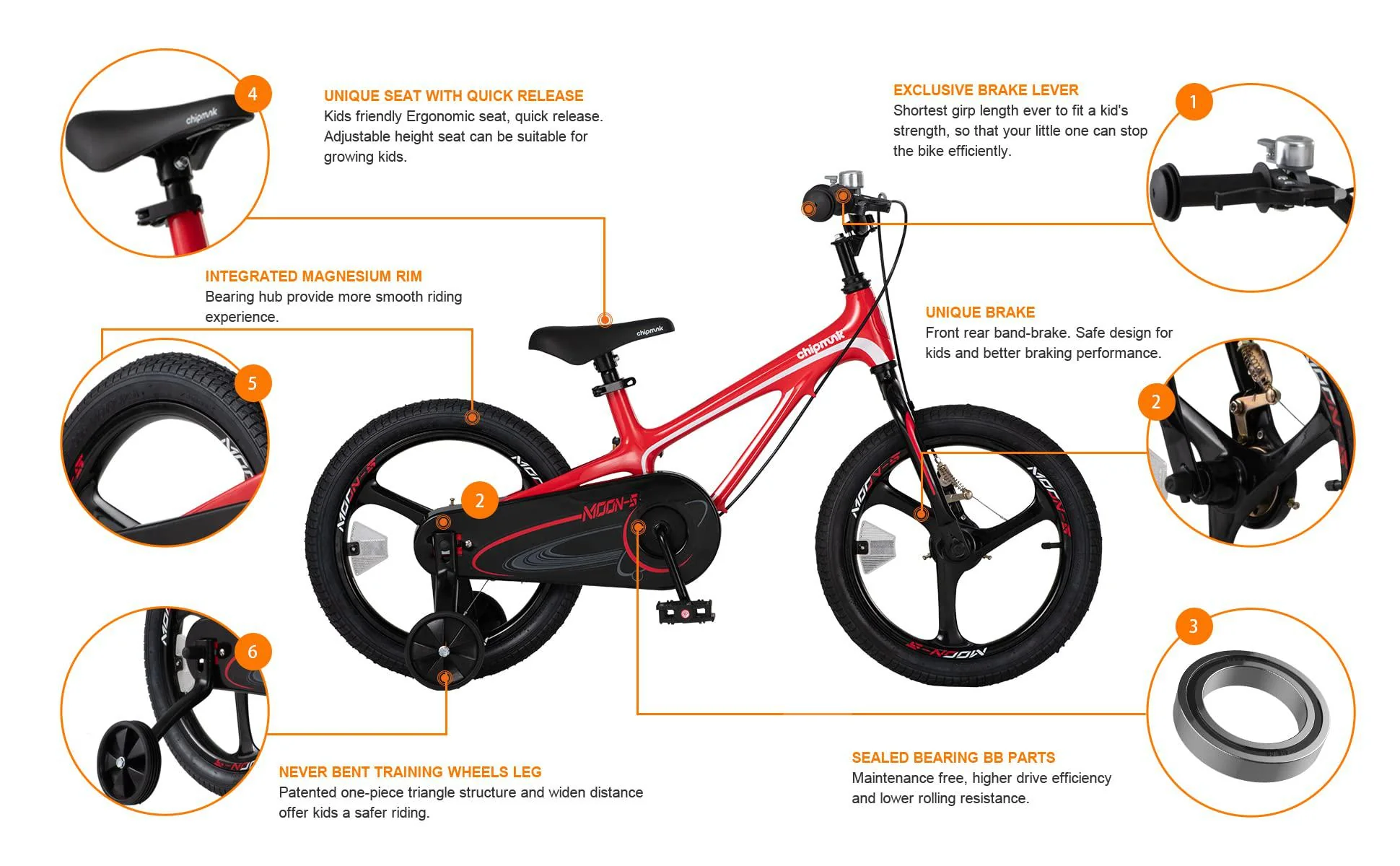 royalbaby moon 5 kids bike 14 inch childrens bicycle with 2 handle brake training wheels for boys girls red