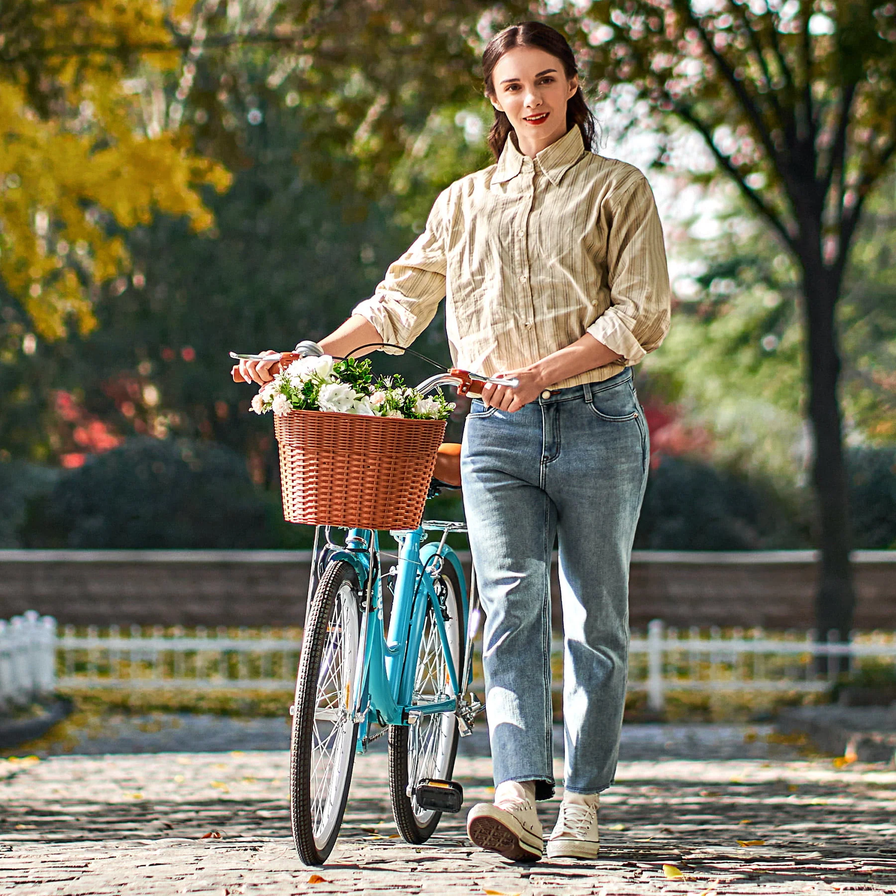 Viribus 24 Inch City Cruiser Bicycle with Carbon Steel Frame Dual V Brakes Basket Teal (Defective)