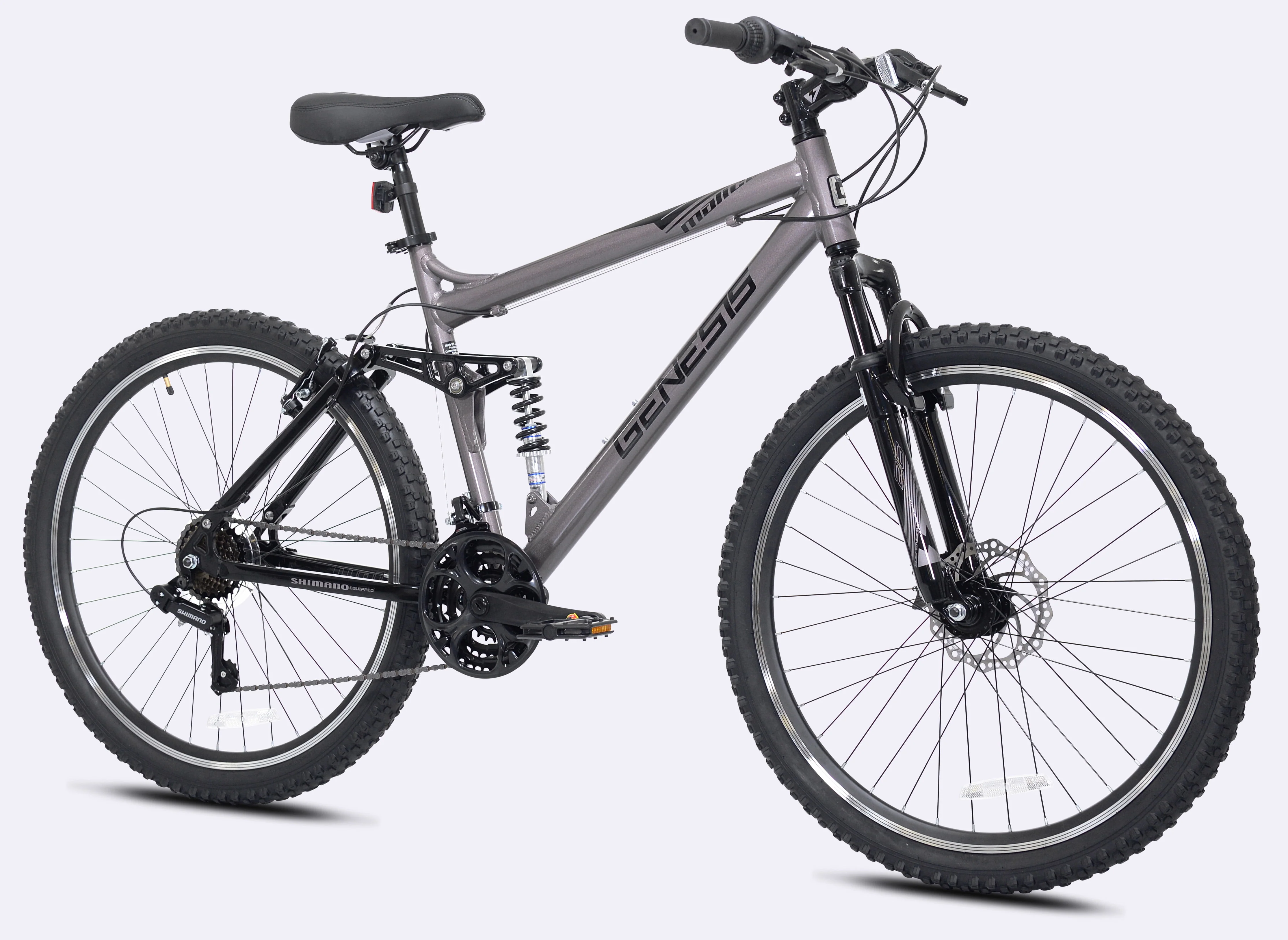 Genesis 26-inch Malice Men's Aluminum Full Suspension Mountain Bicycle, Metallic Gray