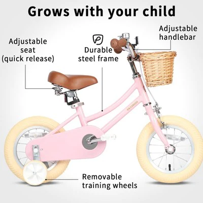 Petimini 14 Inch Steel Frame Child Bicycle with Wicket Basket, Handlebar Bell, Training Wheels, Adjustable Seat, and Parent Handle, Ages 3 to 5, Pink
