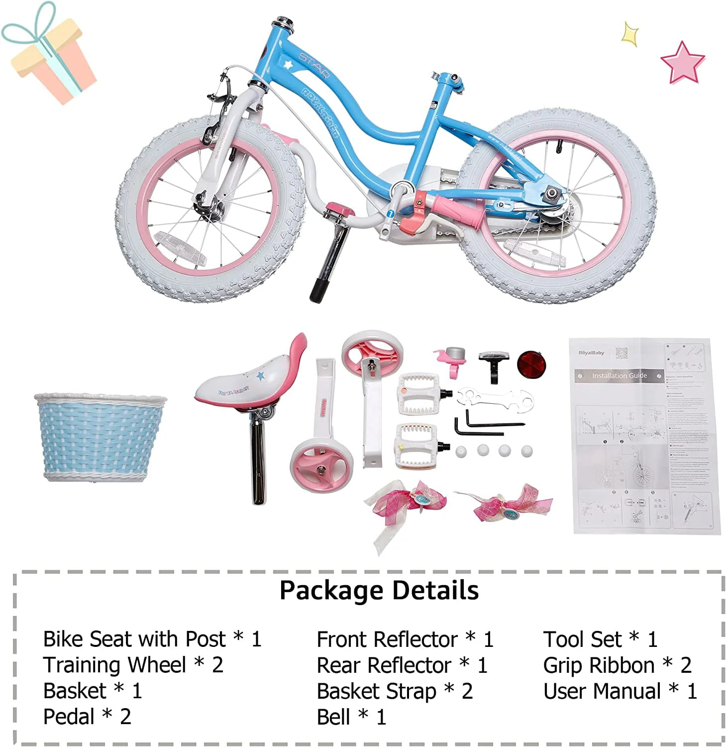 Royalbaby Girls Kids Bike Star girl 14 In Bicycle Basket Training Wheels Blue Child's Cycle
