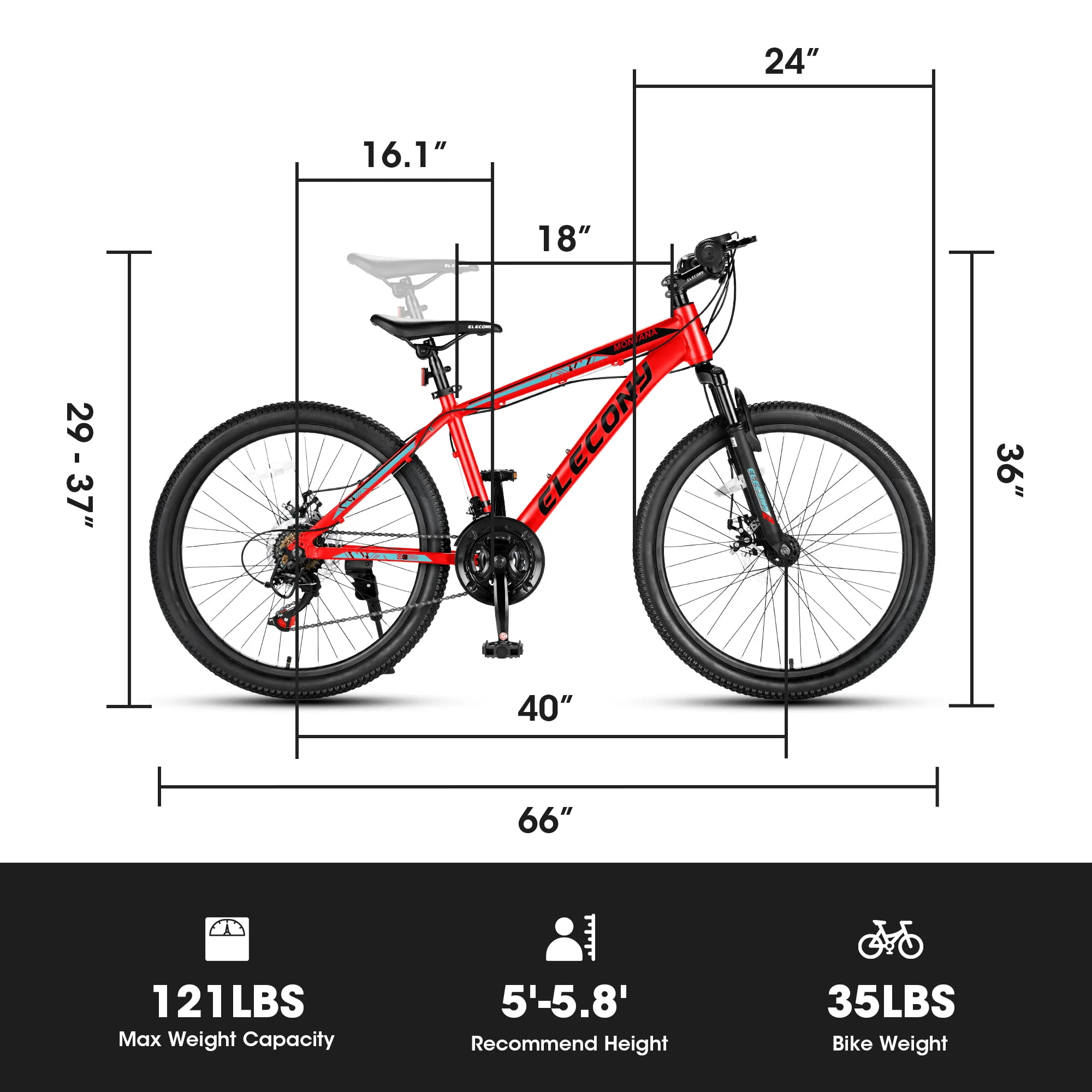24 inch Mountain Bike Bicycle for Adults Aluminium Frame Bike, Shimano 21-Speed with Disc Brake, Adults Cross-Country Ride Cycle for Men & Women All Terrain Riding, Red