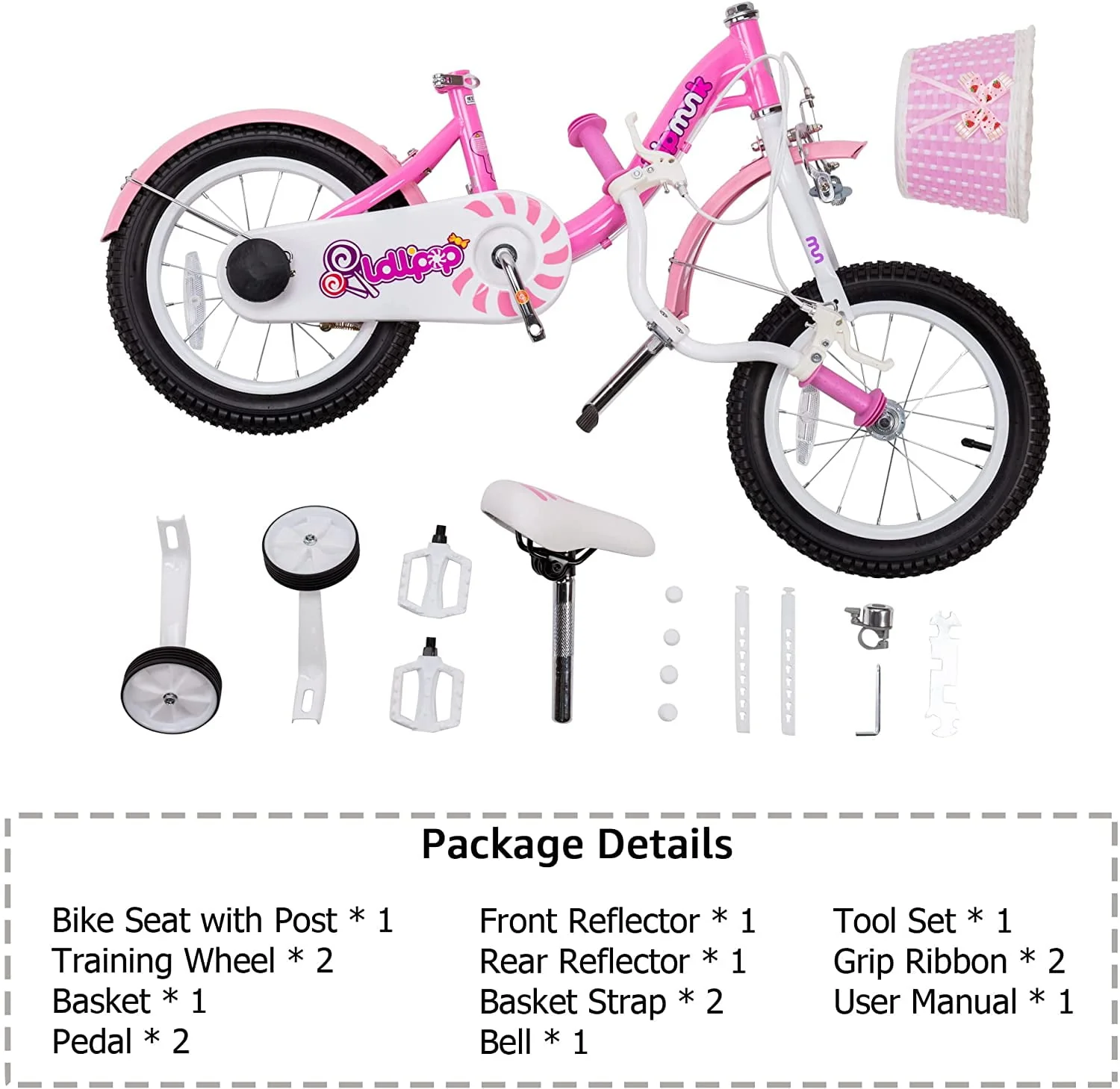 RoyalBaby Chipmunk Girls Kids Bike Bicycle with Basket Training Wheels 14 Inch Lollipop Pink