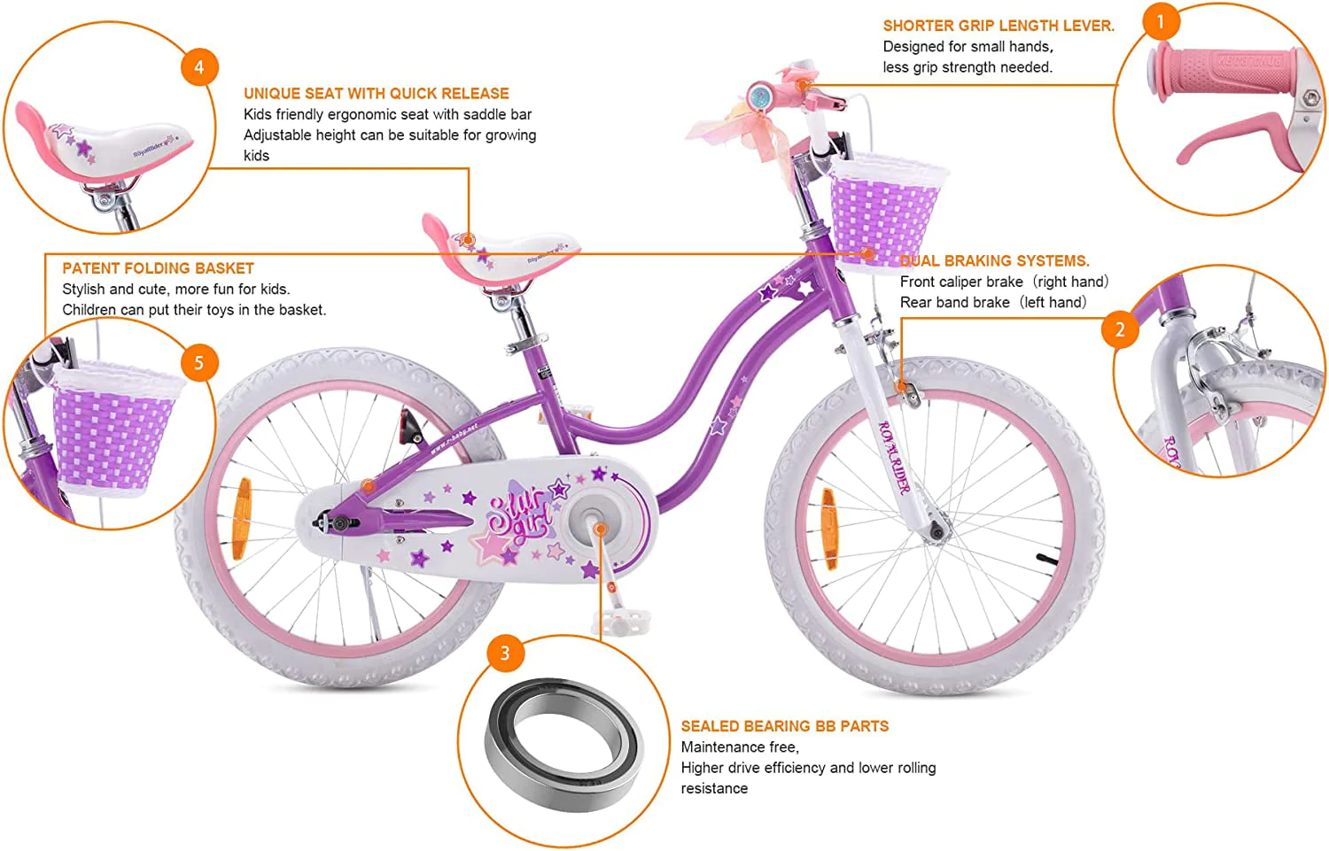 Royalbaby Girl's Kid's Bike Stargirl 18 In. Child Bicycle with Basket and Kickstand, Purple